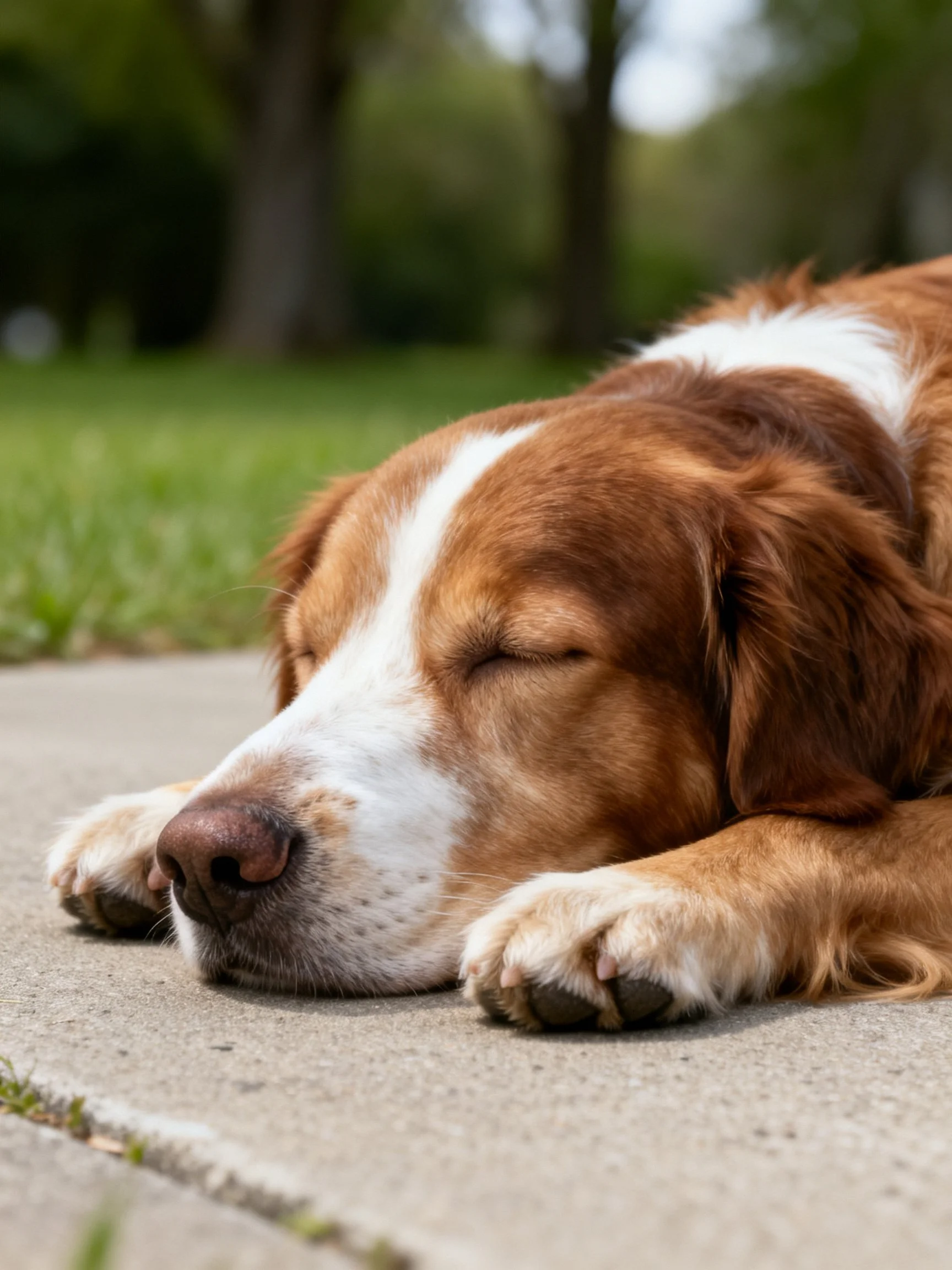 A brown and white dog sleeps peacefully on a concrete path