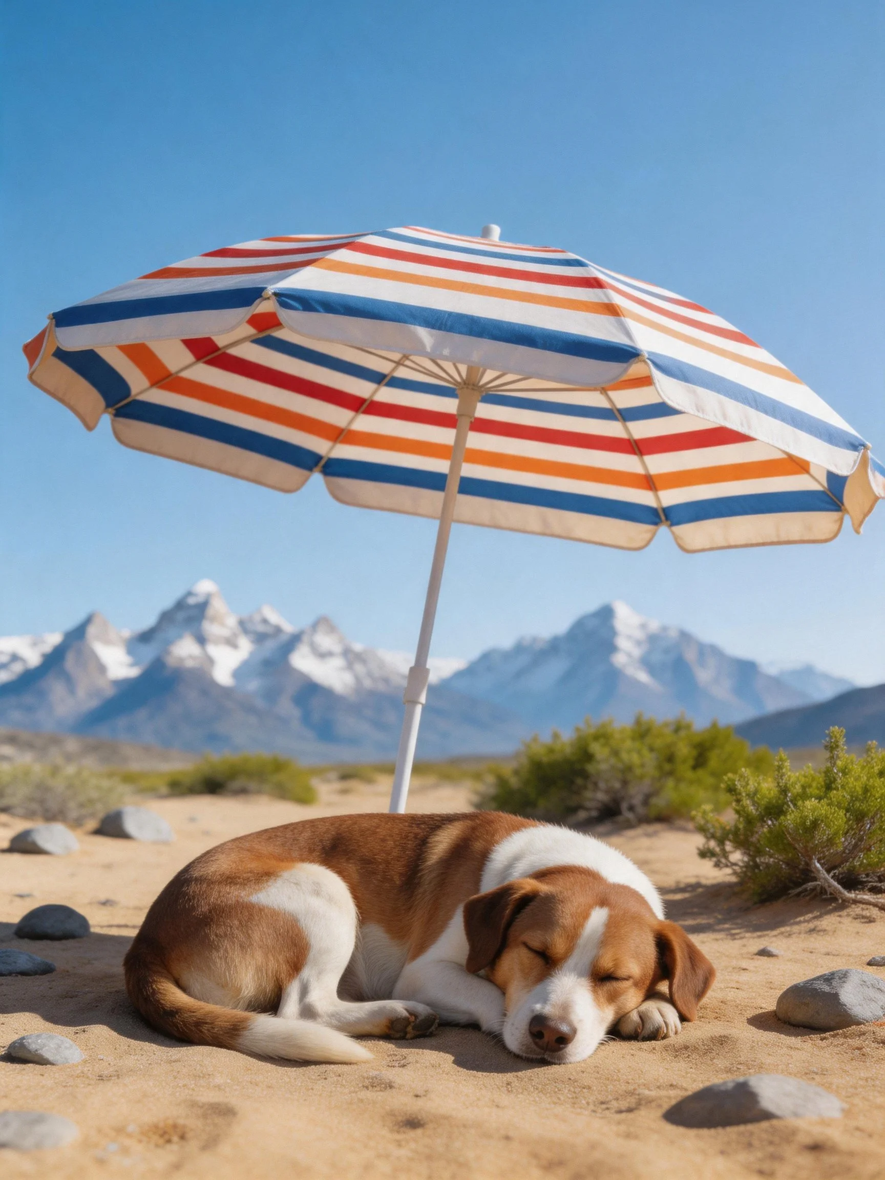A brown and white dog sleeps under a striped beach umbrella near mountains