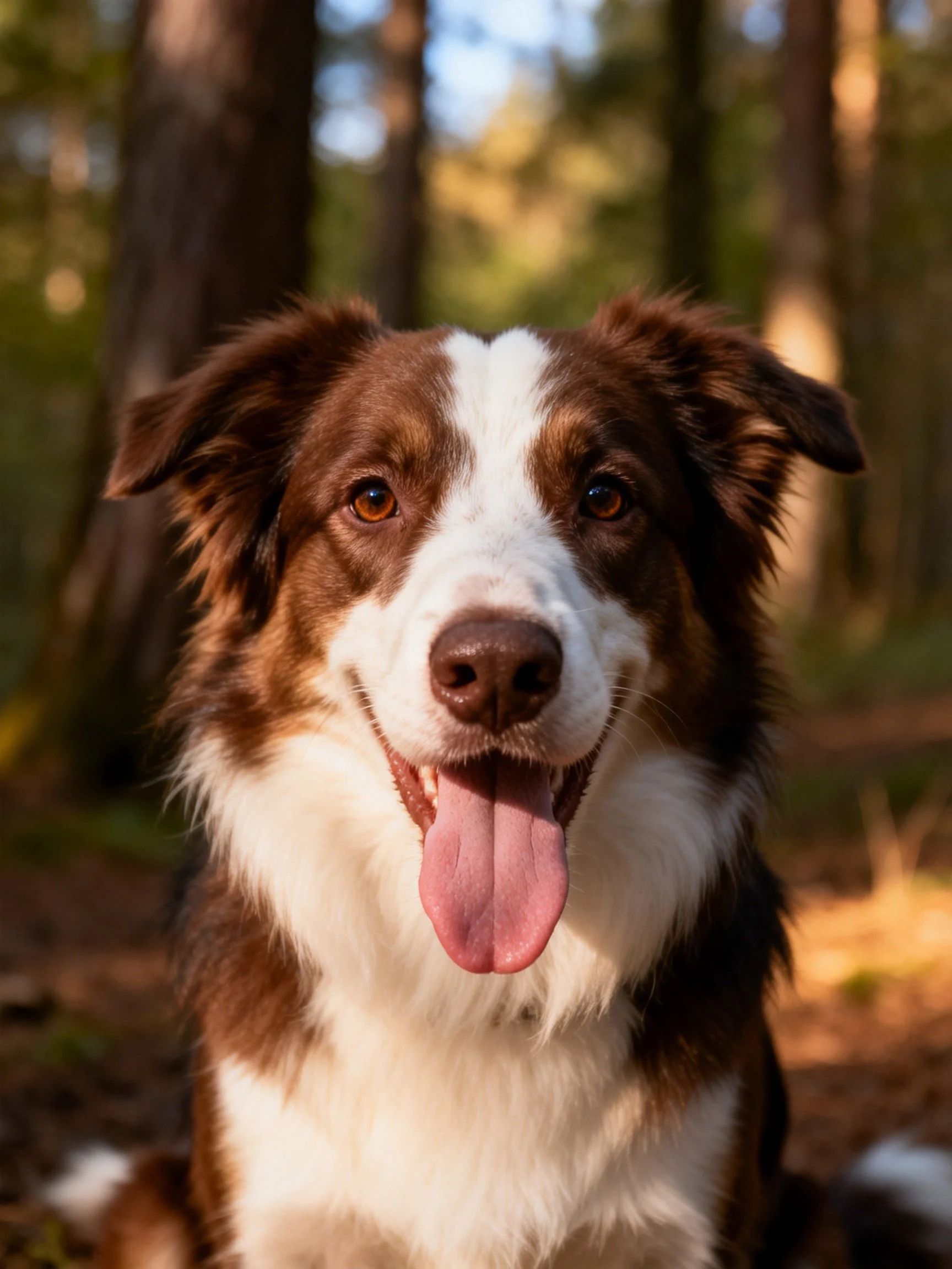 A brown and white dog smiling in a sunlit forest