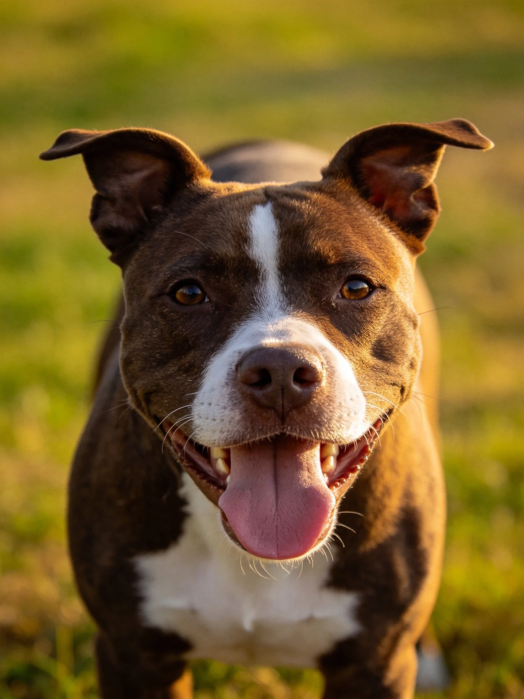 A brown and white dog smiling in a sunlit grassy area