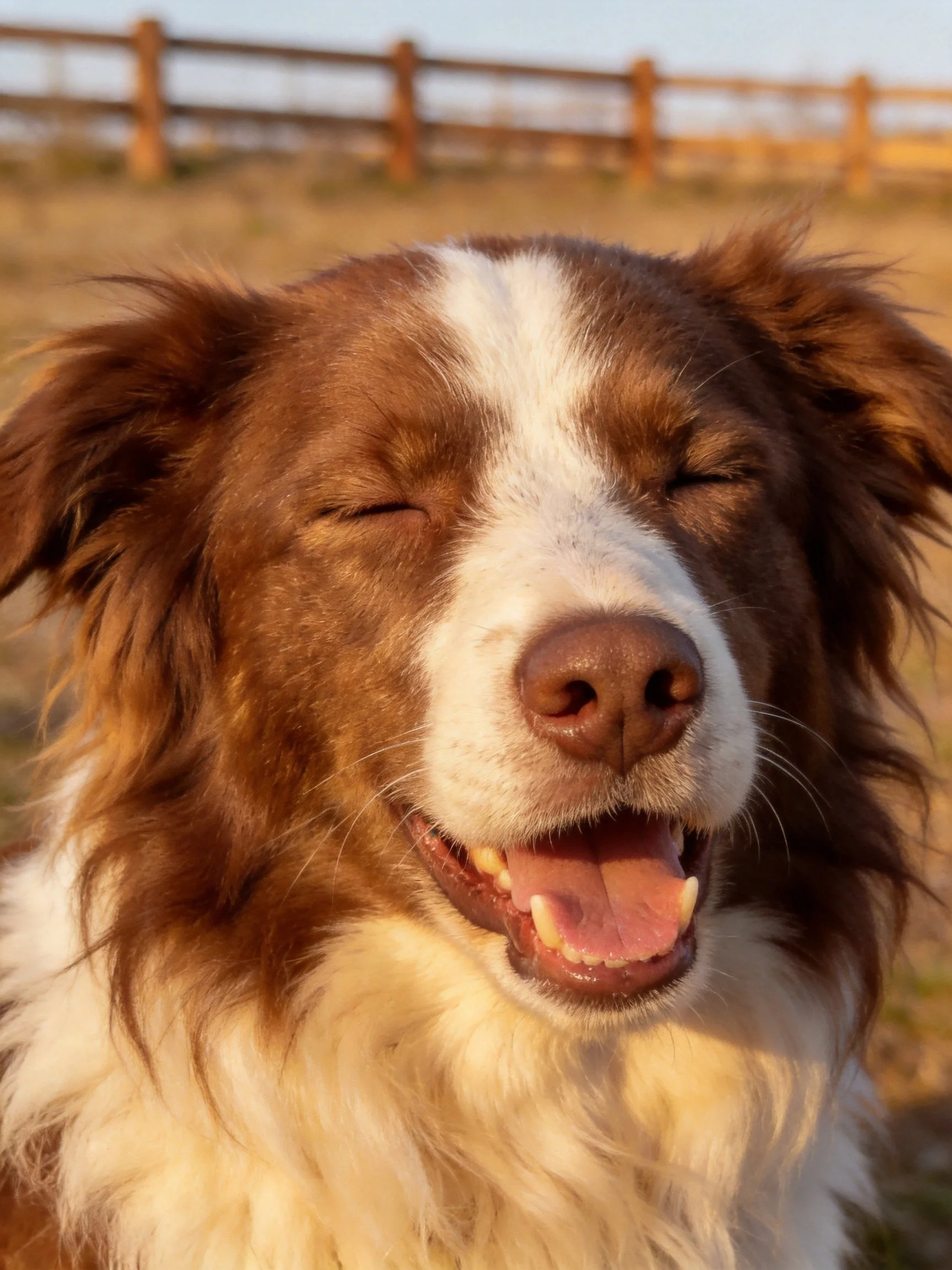 A brown and white dog smiling with eyes closed outdoors