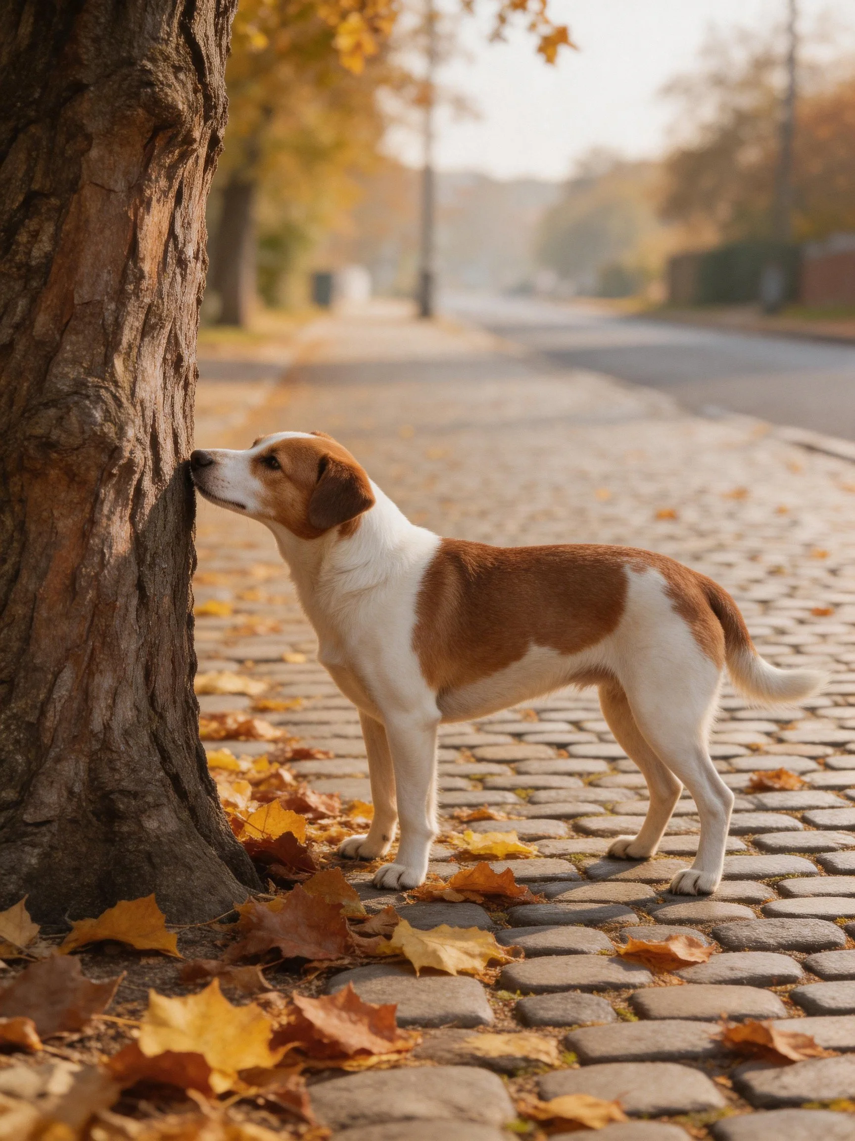 A brown and white dog sniffs a large tree trunk on a leaf-strewn sidewalk