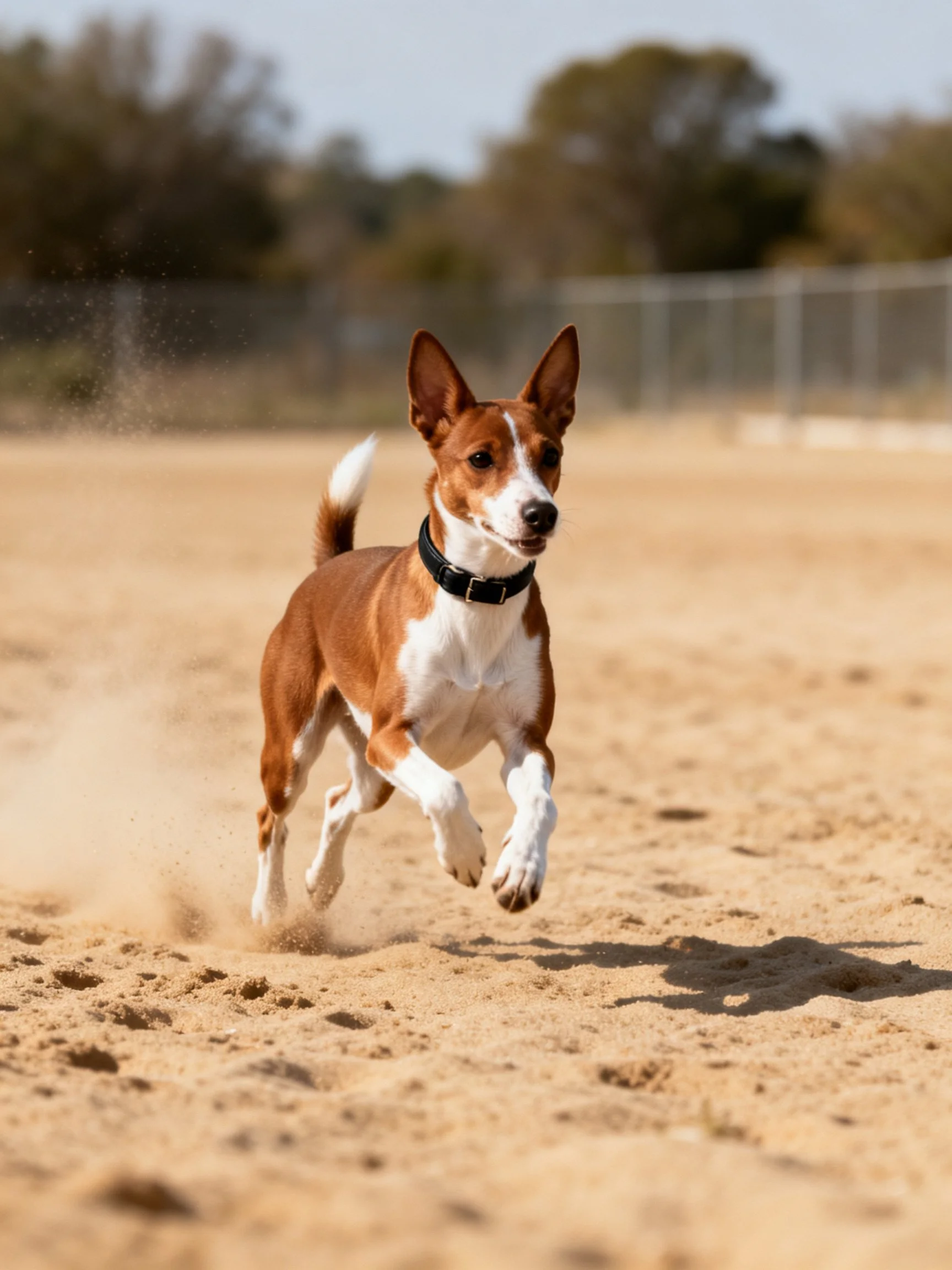 A brown and white dog sprinting across sandy terrain