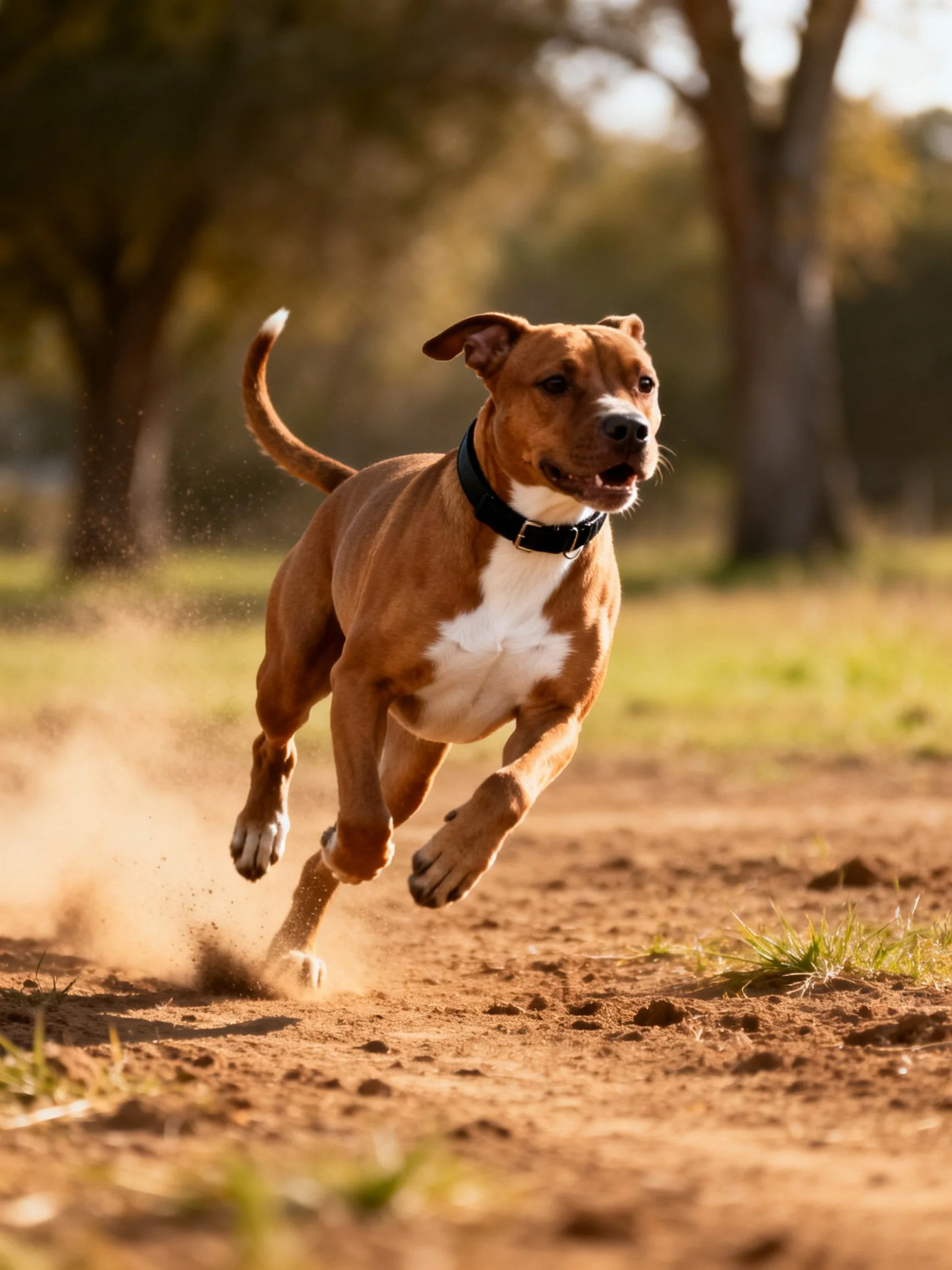 A brown and white dog sprints energetically along a dusty path