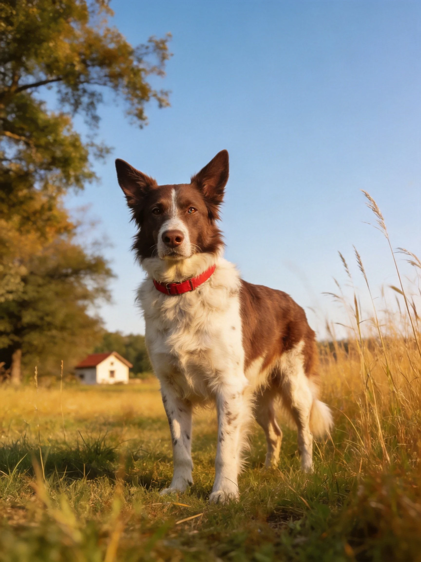 A brown and white dog stands alert in a sunny field with tall grass and a distant house.