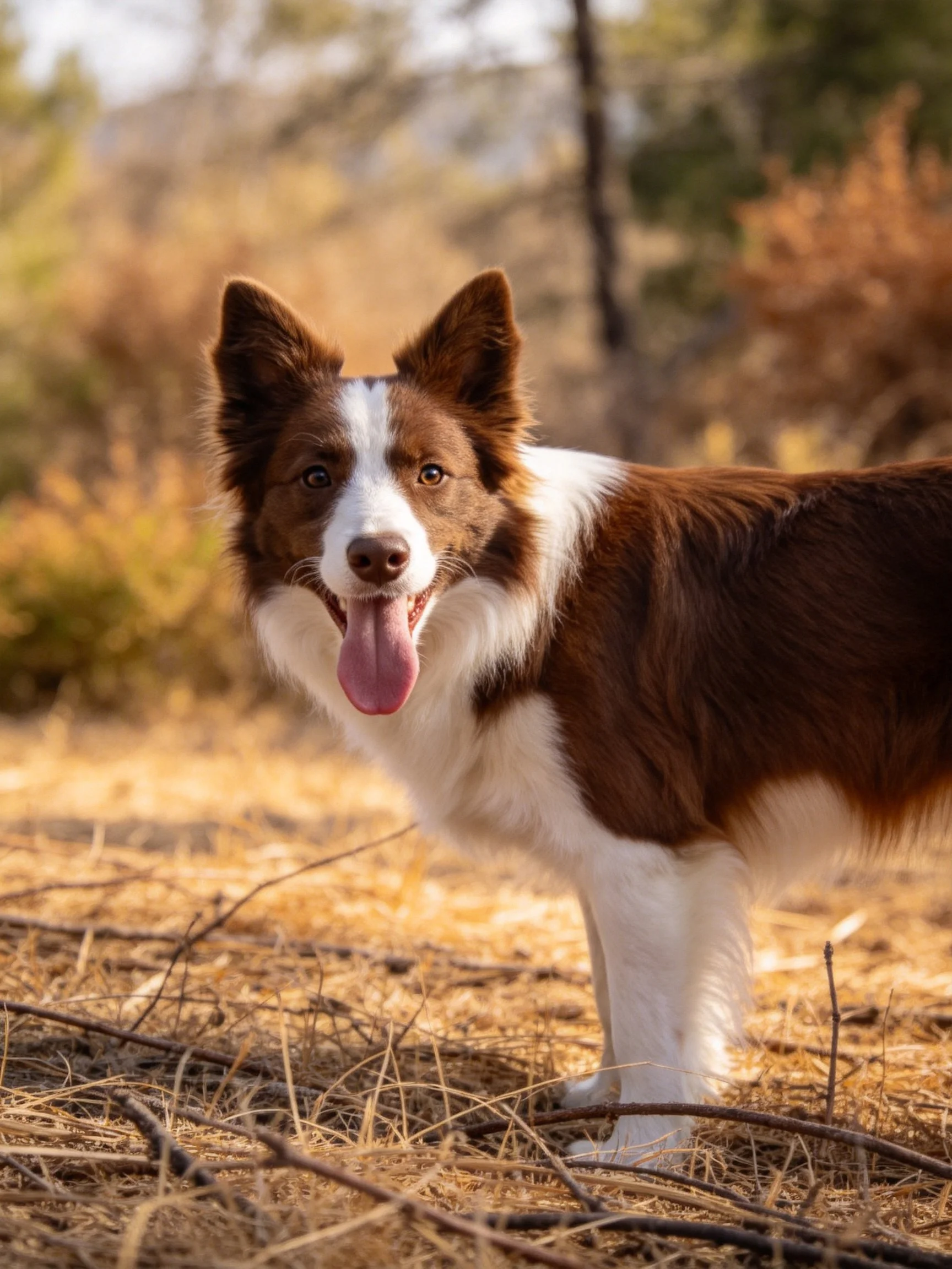 A brown and white dog stands on dry grass in an autumnal outdoor setting.