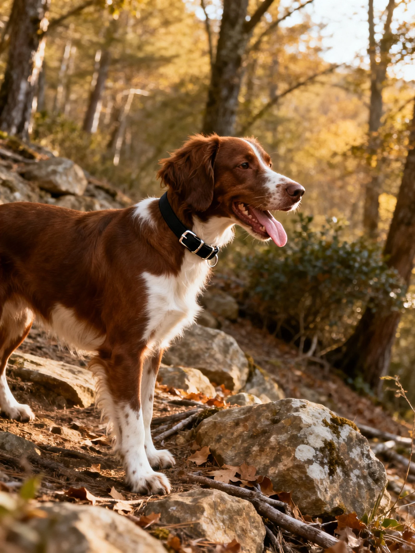 A brown and white dog stands on rocks in a sunlit forest setting