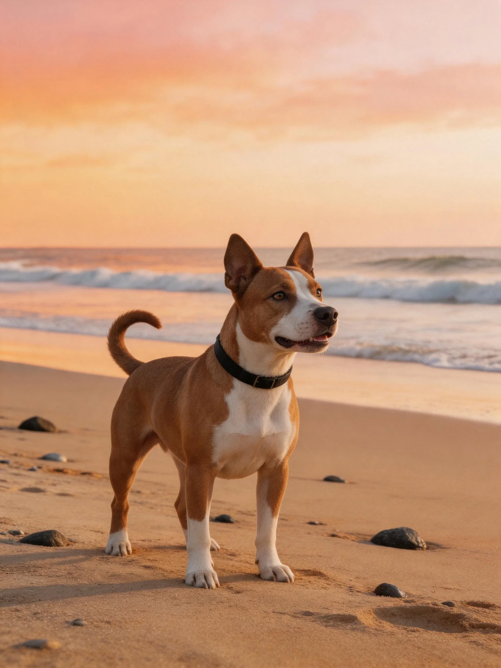 A brown and white dog stands on a sandy beach near the ocean waves at sunset.