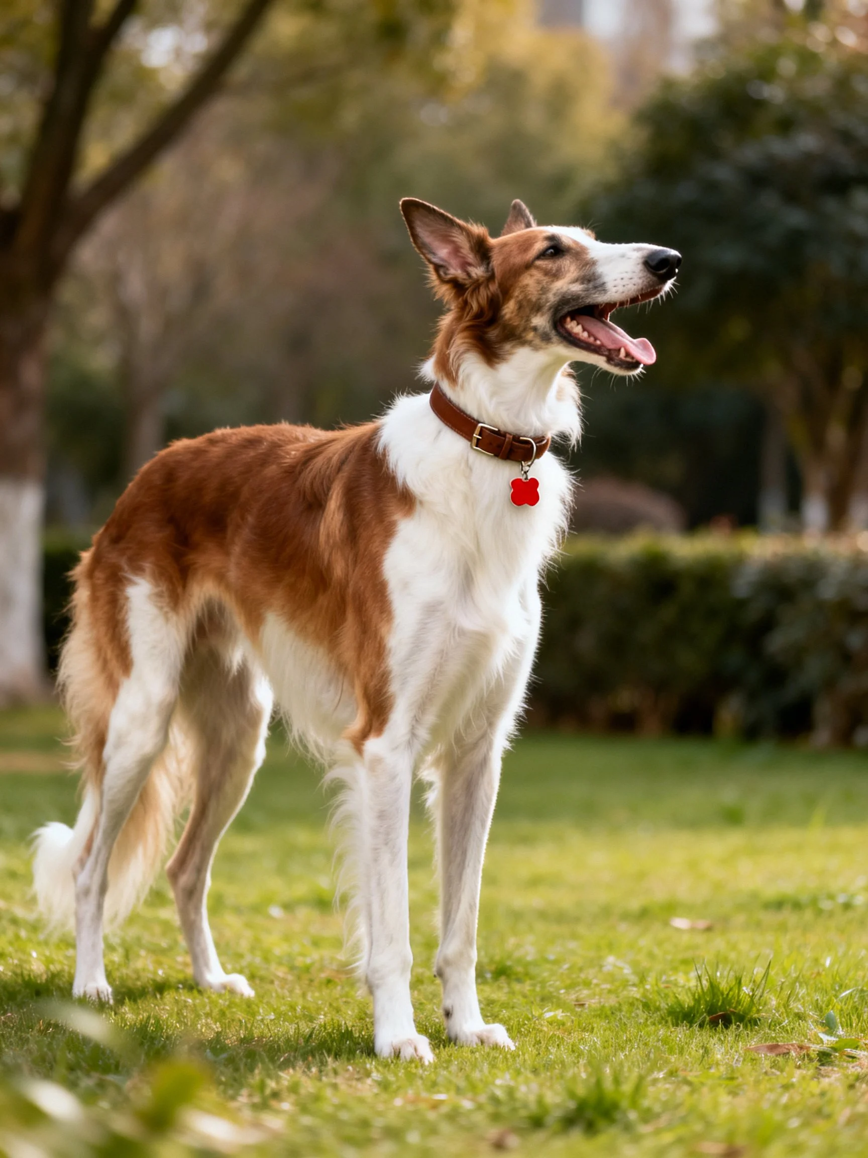 A brown and white dog stands alert in a green park.
