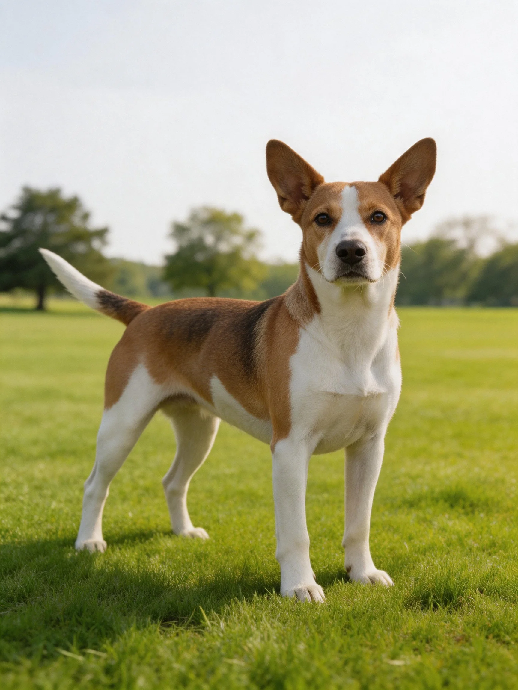A brown and white dog stands alertly on lush green grass