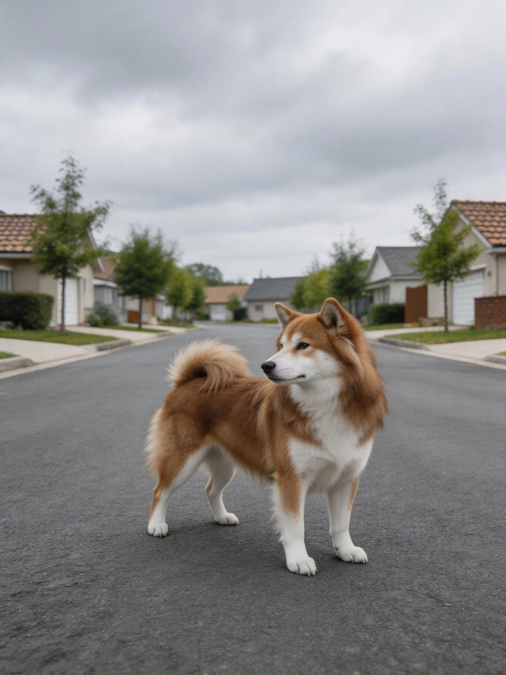 A brown and white dog stands alone on a quiet suburban street