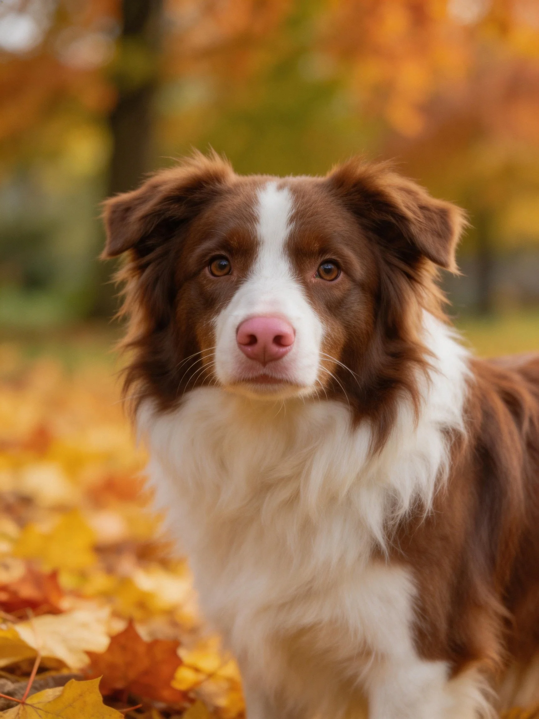 A brown and white dog stands among golden autumn leaves in a serene outdoor setting.