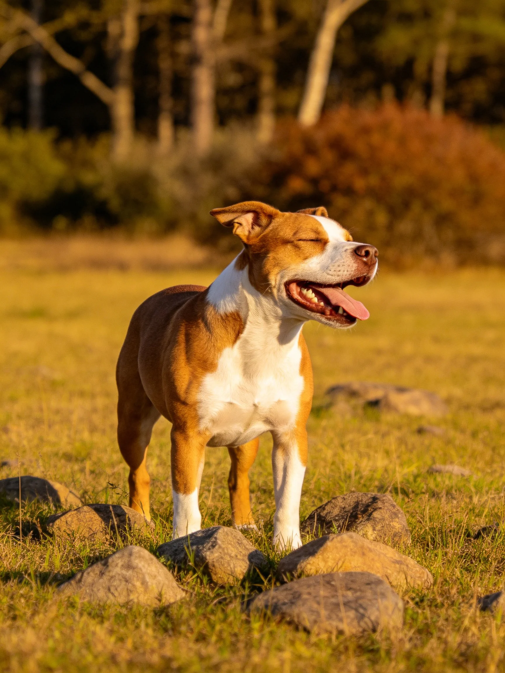 A brown and white dog stands among rocks in a golden field