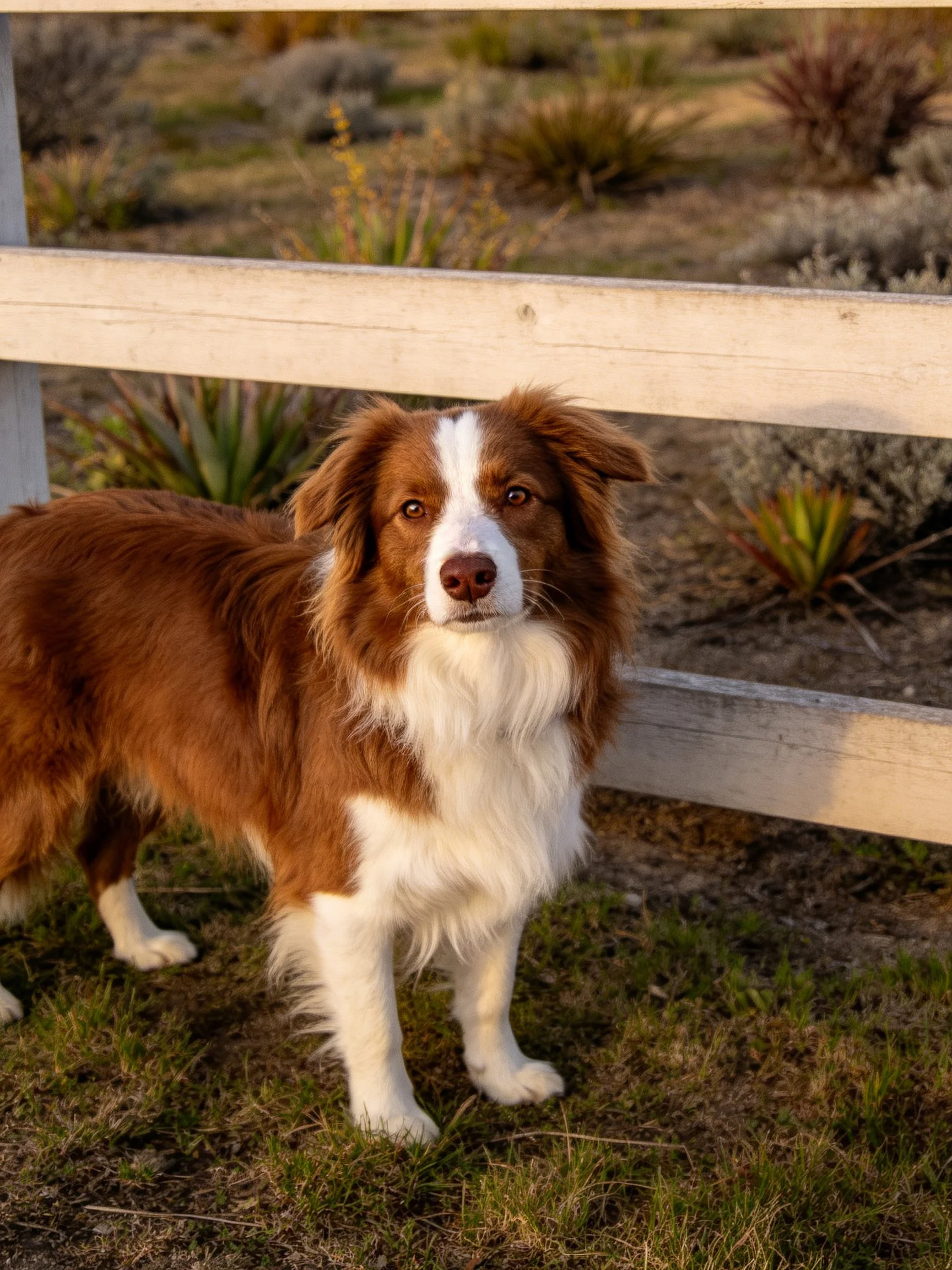A brown and white dog stands by a weathered wooden fence with desert plants