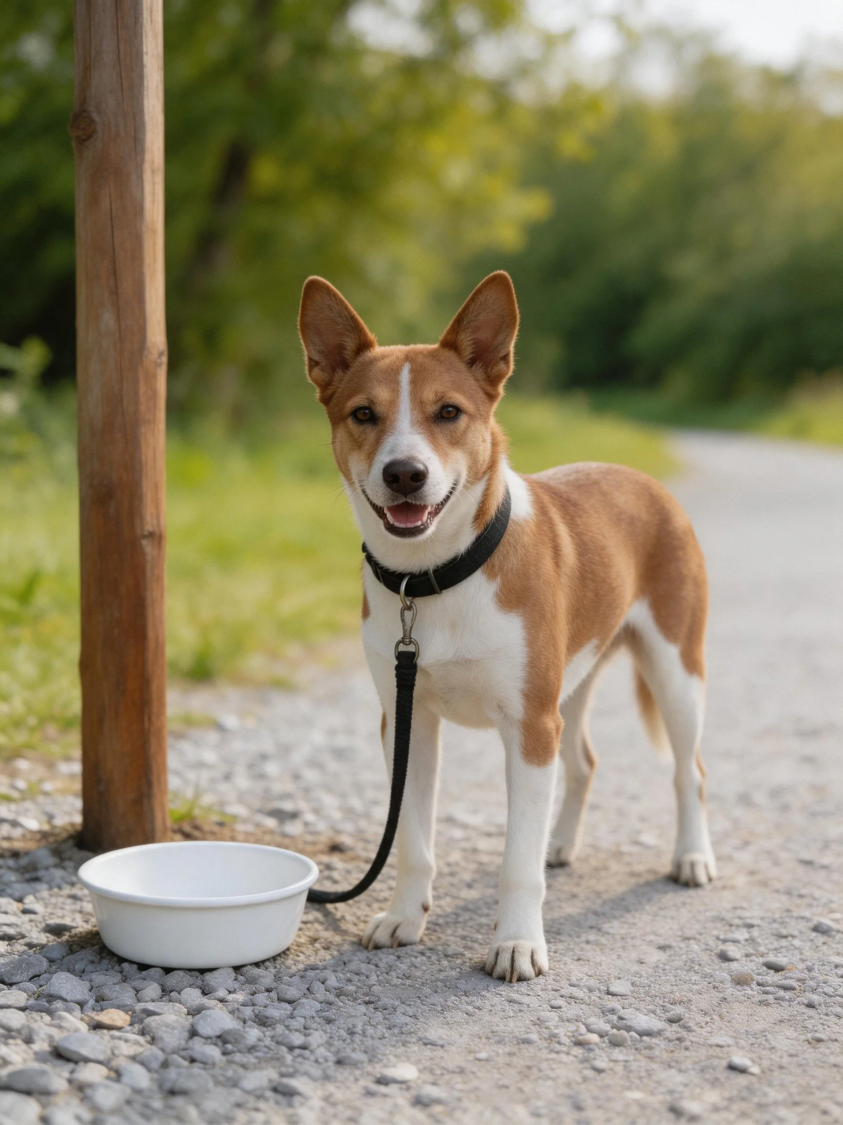 A brown and white dog stands by a wooden post with a white bowl nearby