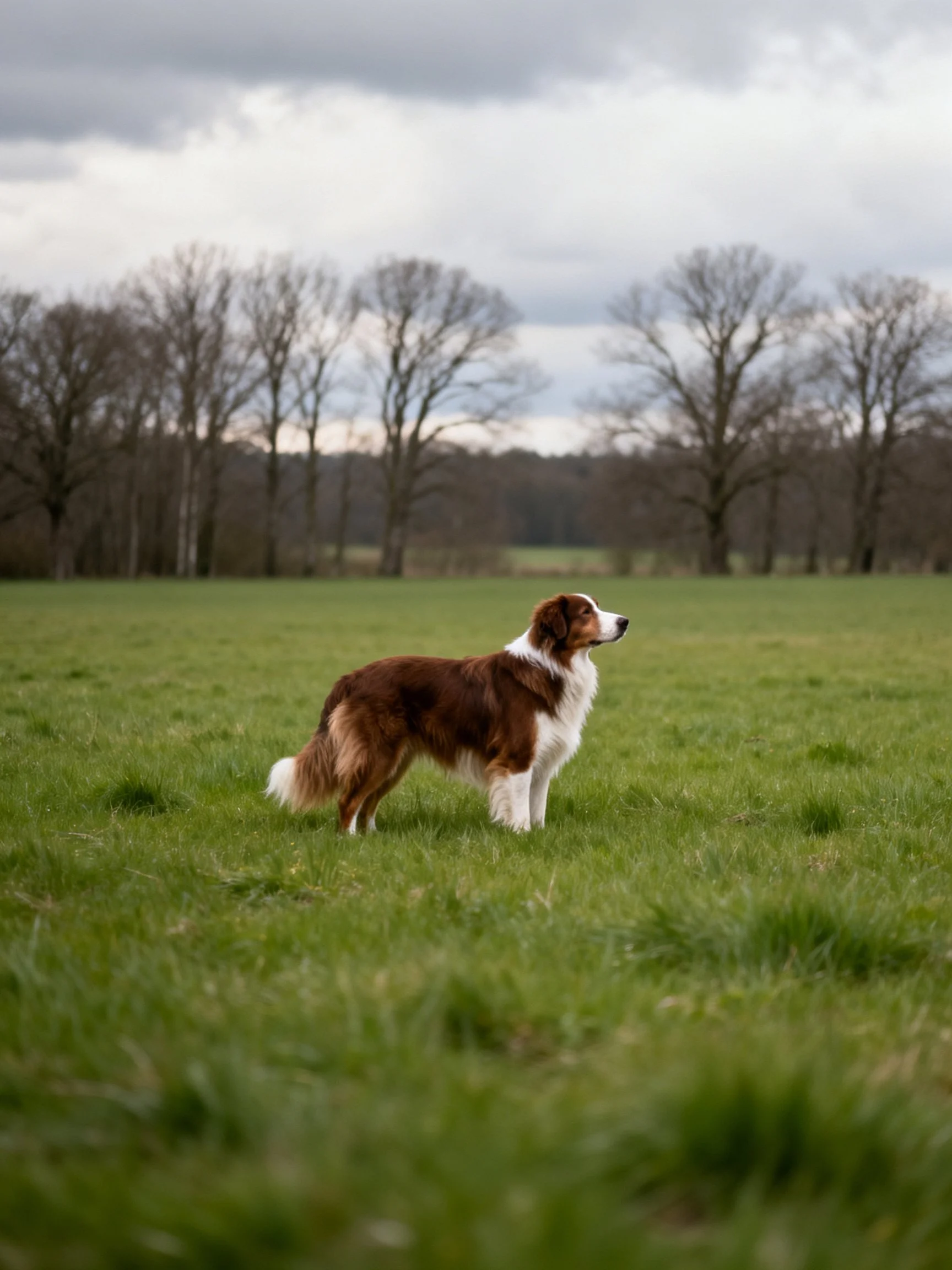 A brown and white dog stands alertly in an open green meadow with leafless trees in the distance.