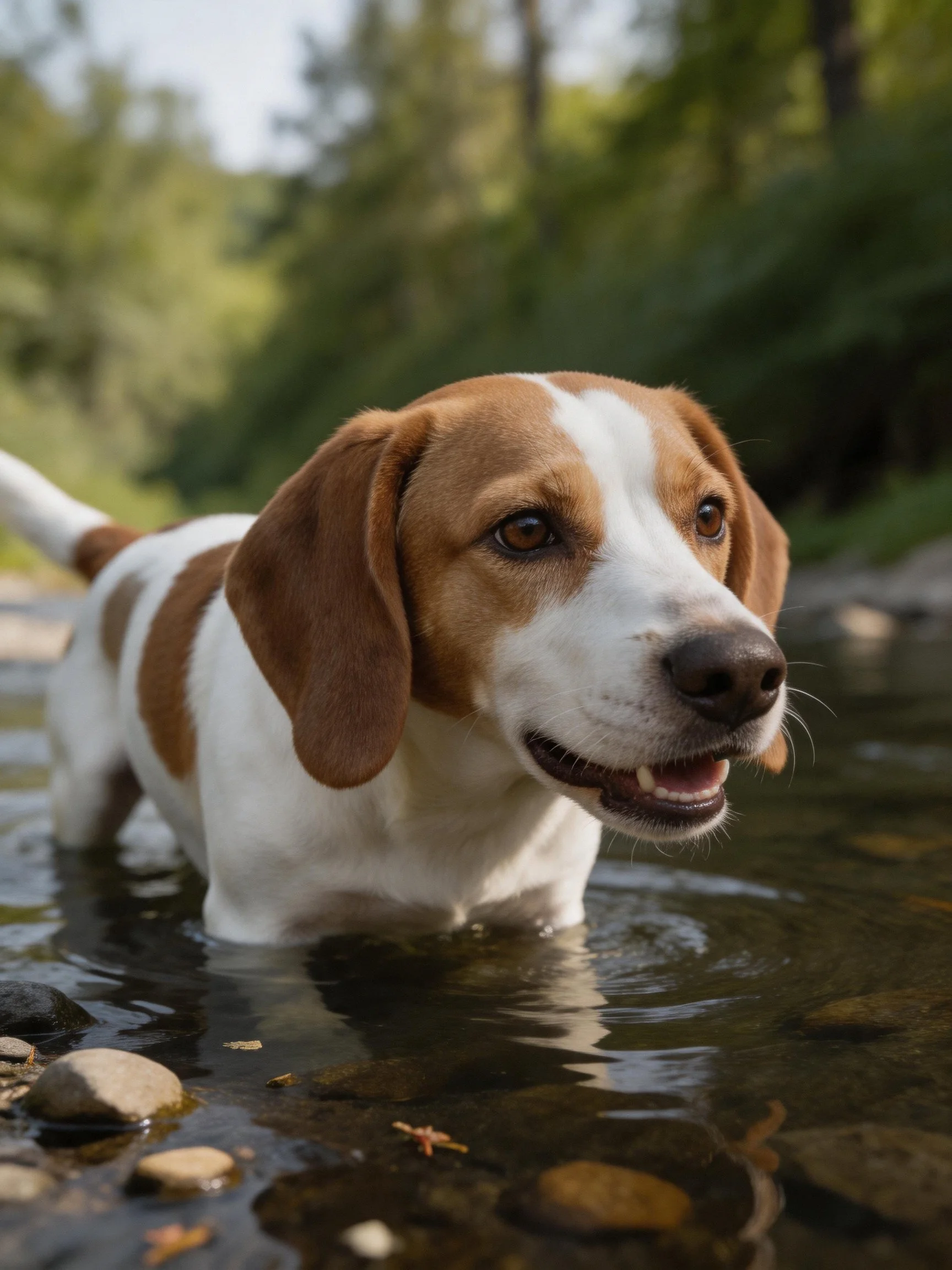 A brown and white dog stands in a shallow stream with rocky banks