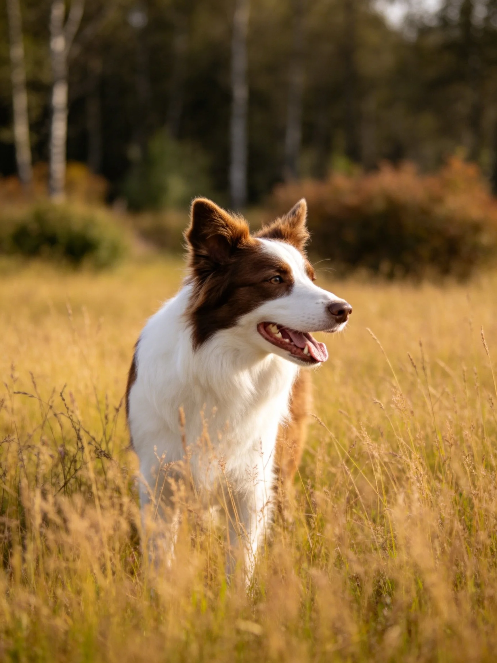 A brown and white dog is in a sunlit field with tall grass
