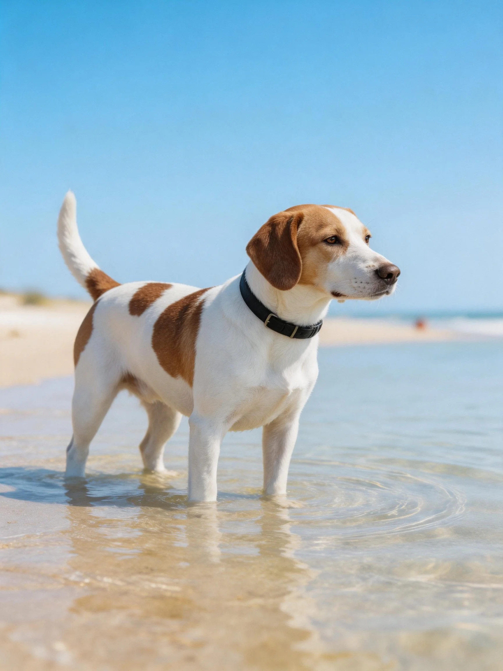 A brown and white dog stands in shallow ocean water at the beach