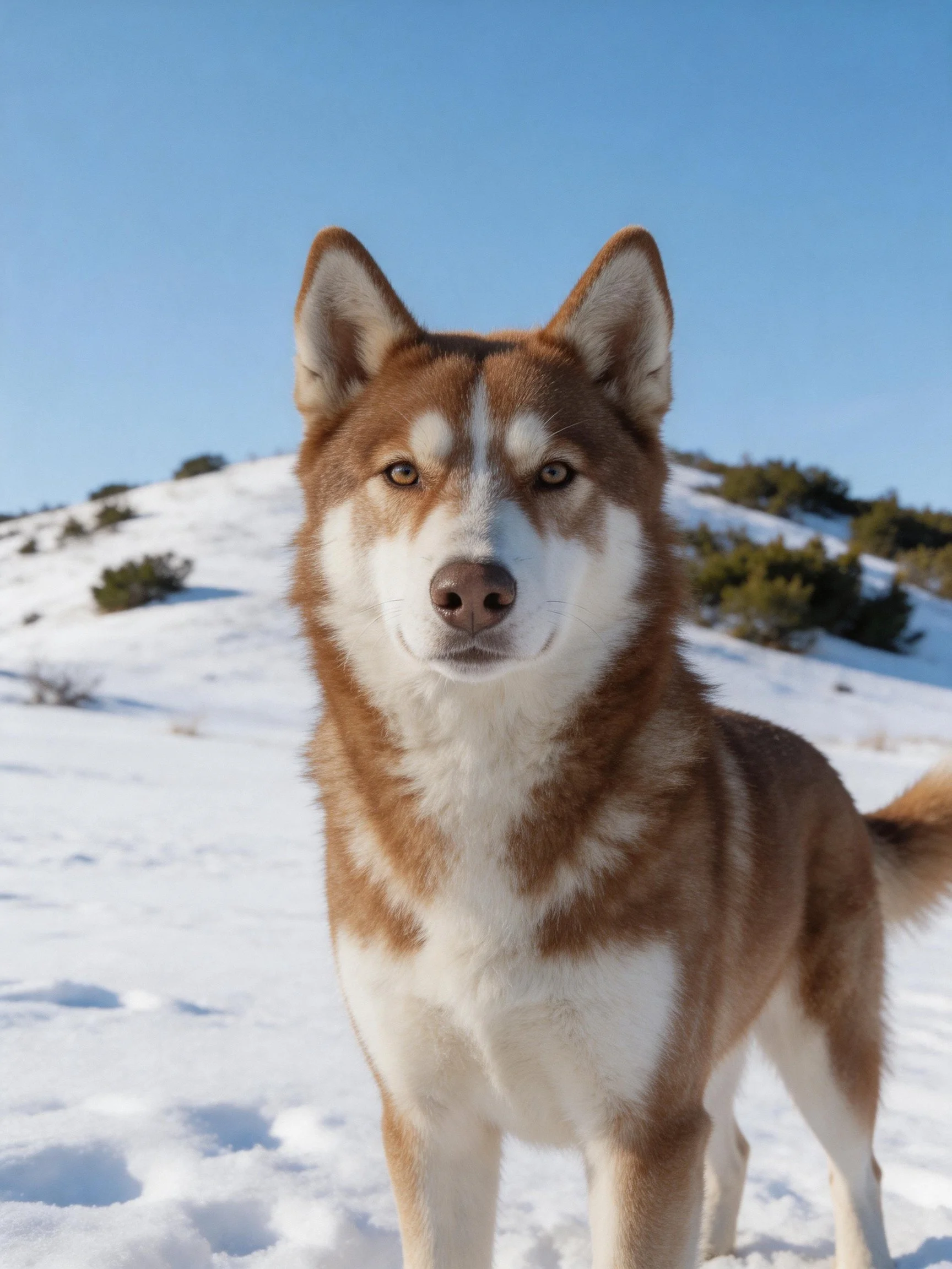 A brown-and-white dog stands in snowy mountain landscape
