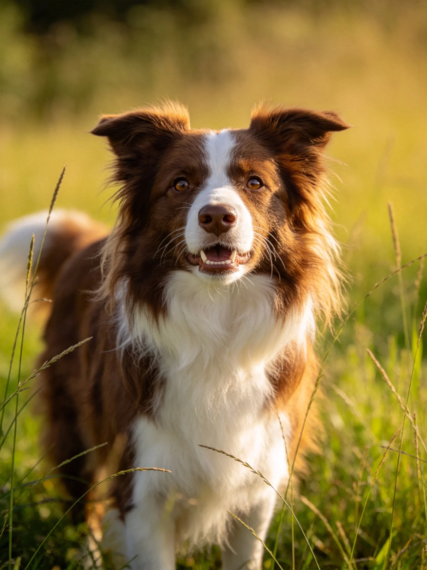 A brown and white dog stands amid tall grass bathed in warm light.