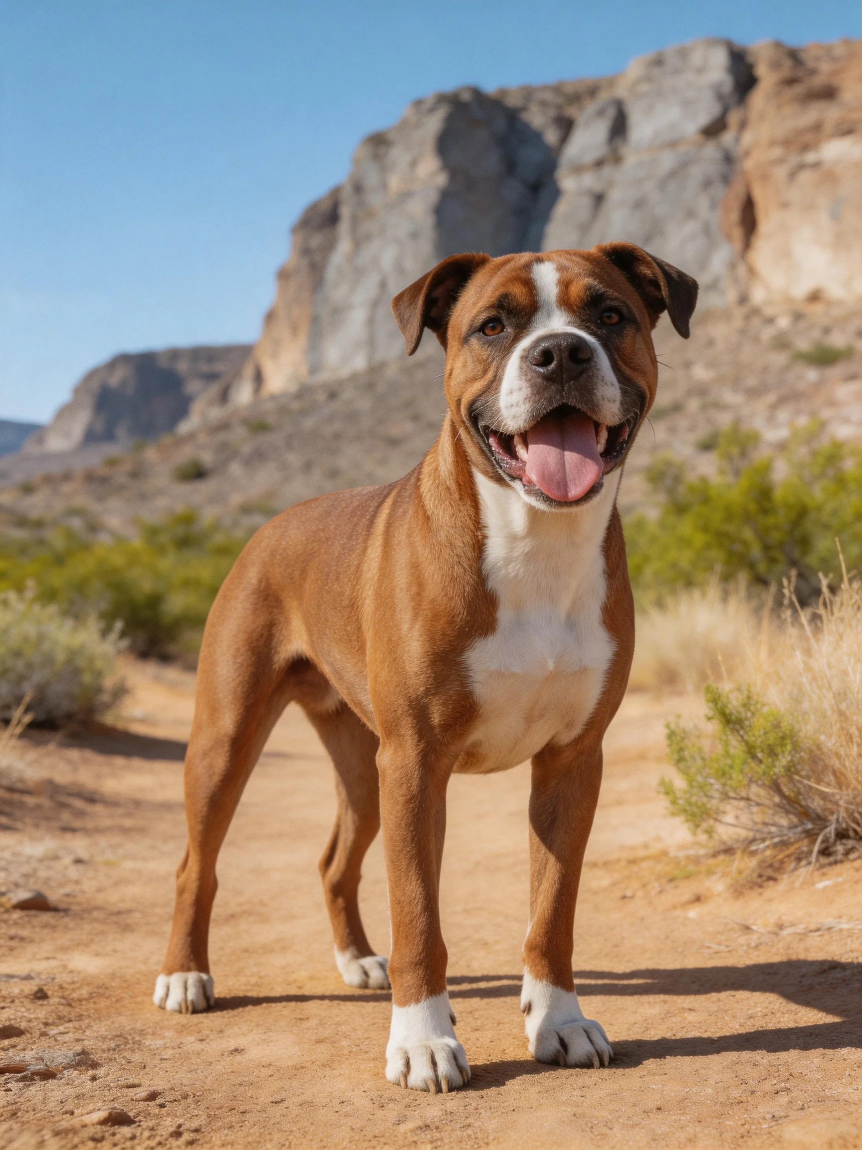 A brown and white dog stands on a dirt path near rocky cliffs.
