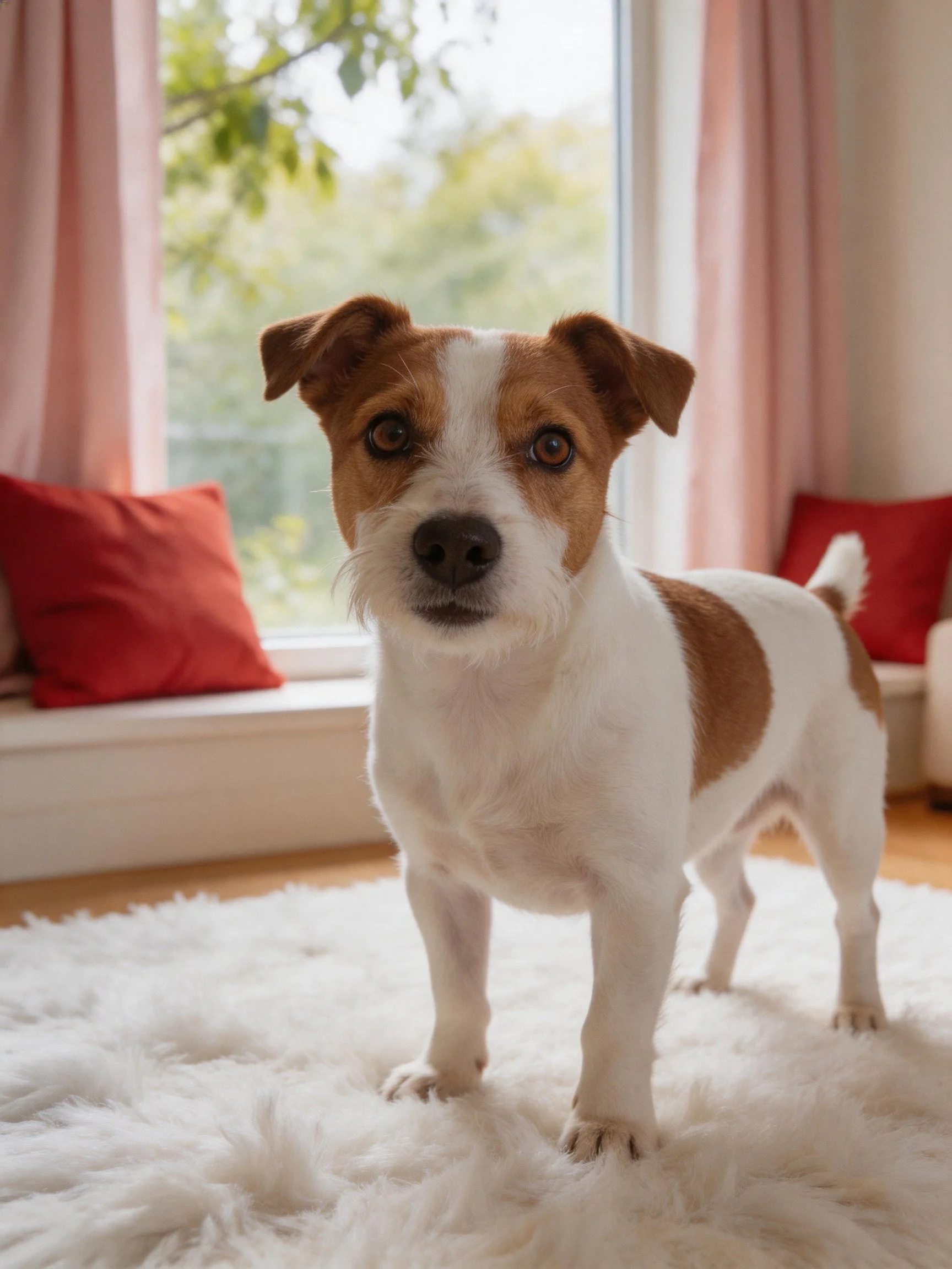 A small brown and white dog stands on a plush rug in a sunlit living room.