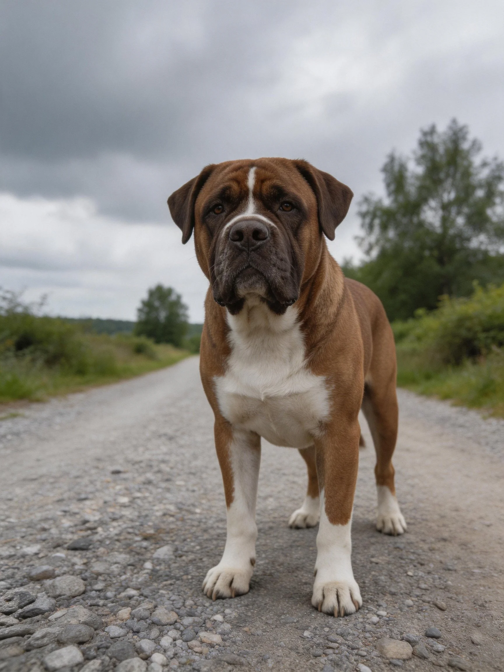 A brown and white dog stands on a gravel road amid greenery during cloudy conditions.