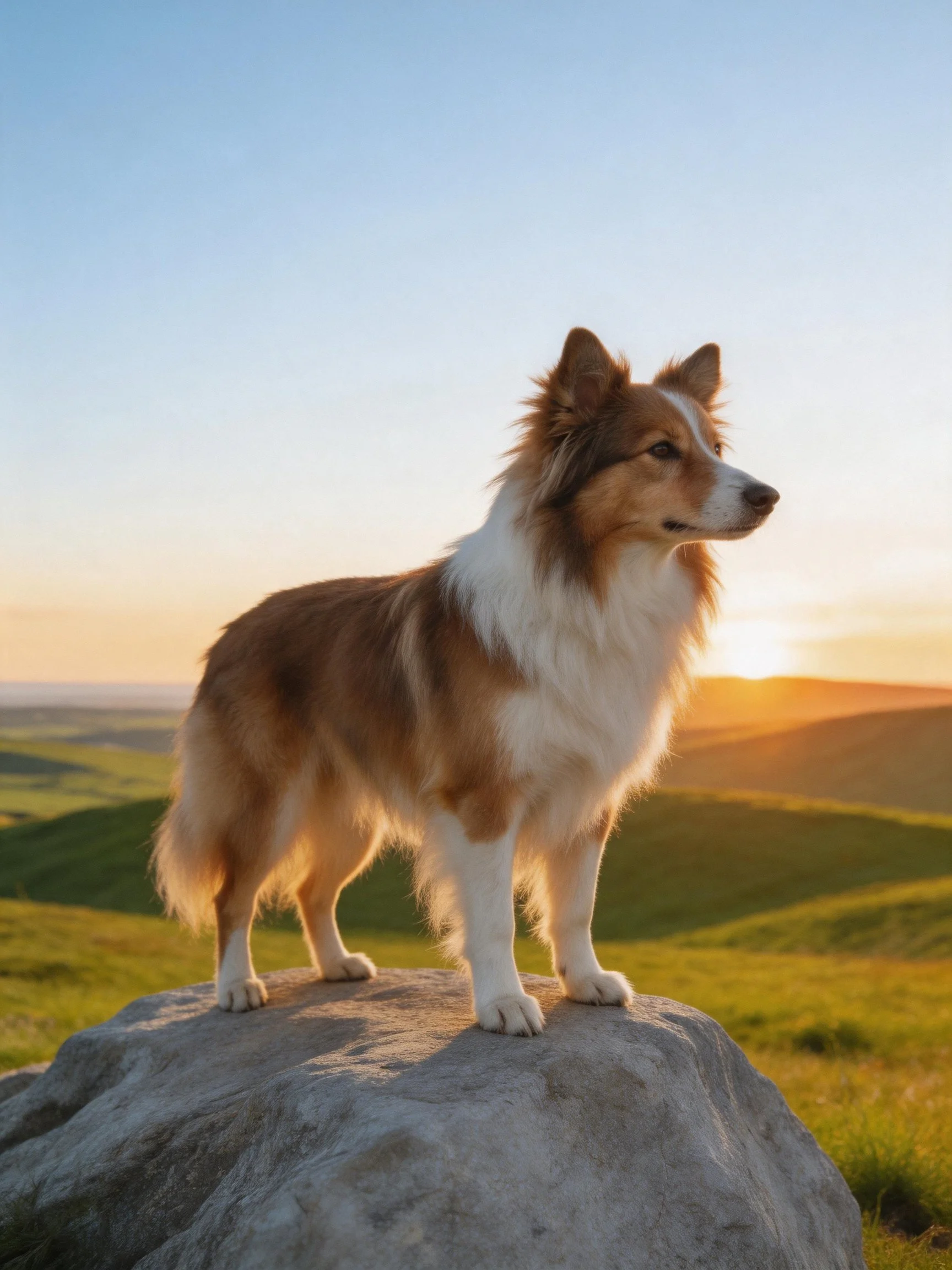 A dog stands on a rock, overlooking a sunset over rolling green hills.