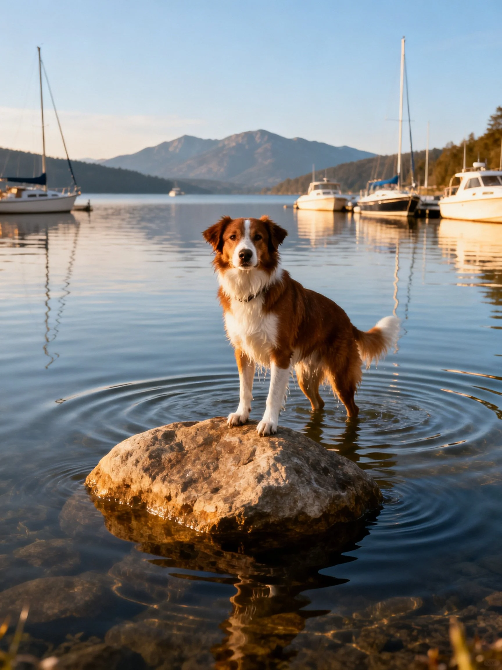 A dog stands on a rock in a marina with sailboats and mountains in the distance.