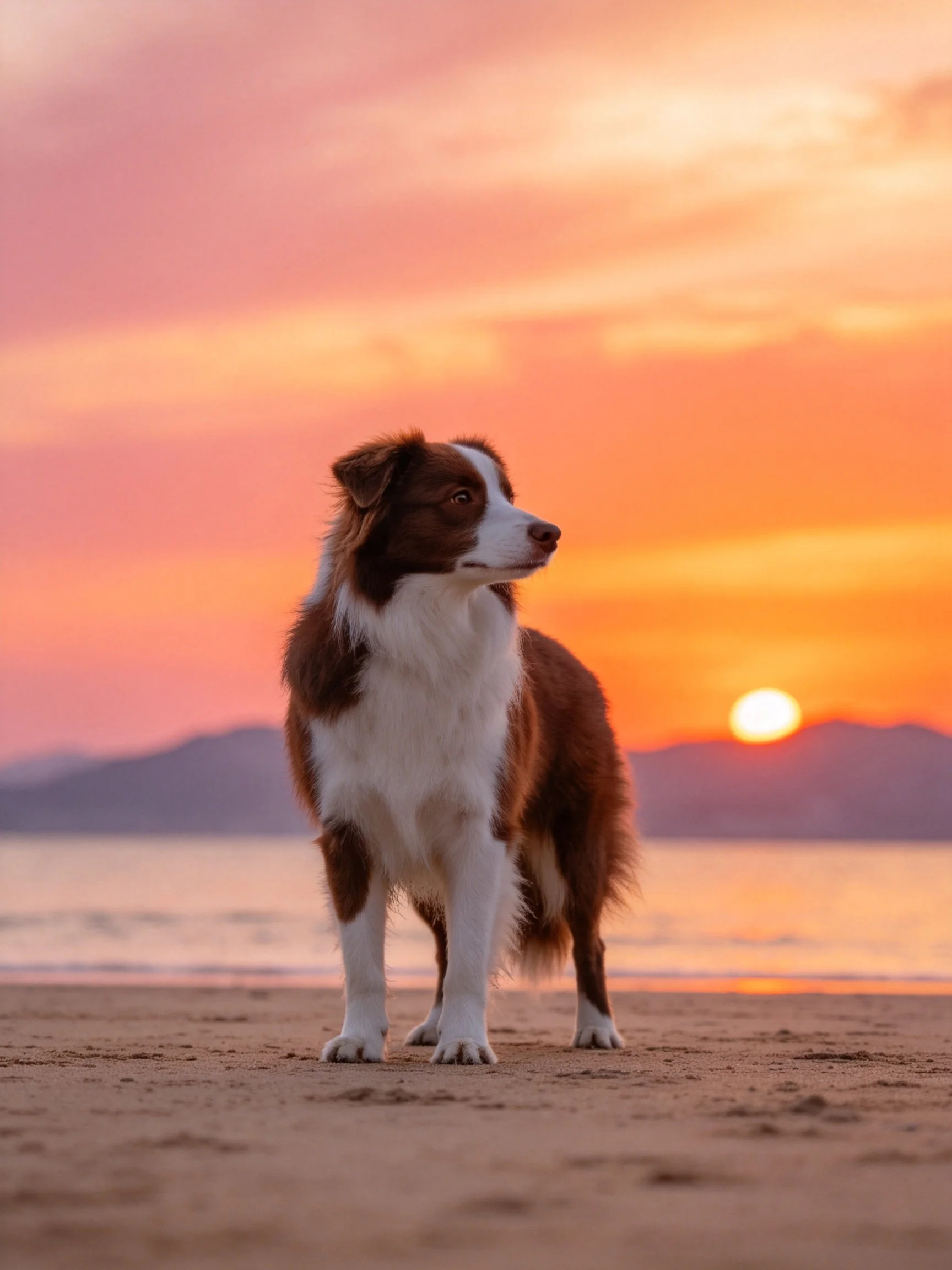 A brown and white dog stands on a sandy beach during vibrant sunset