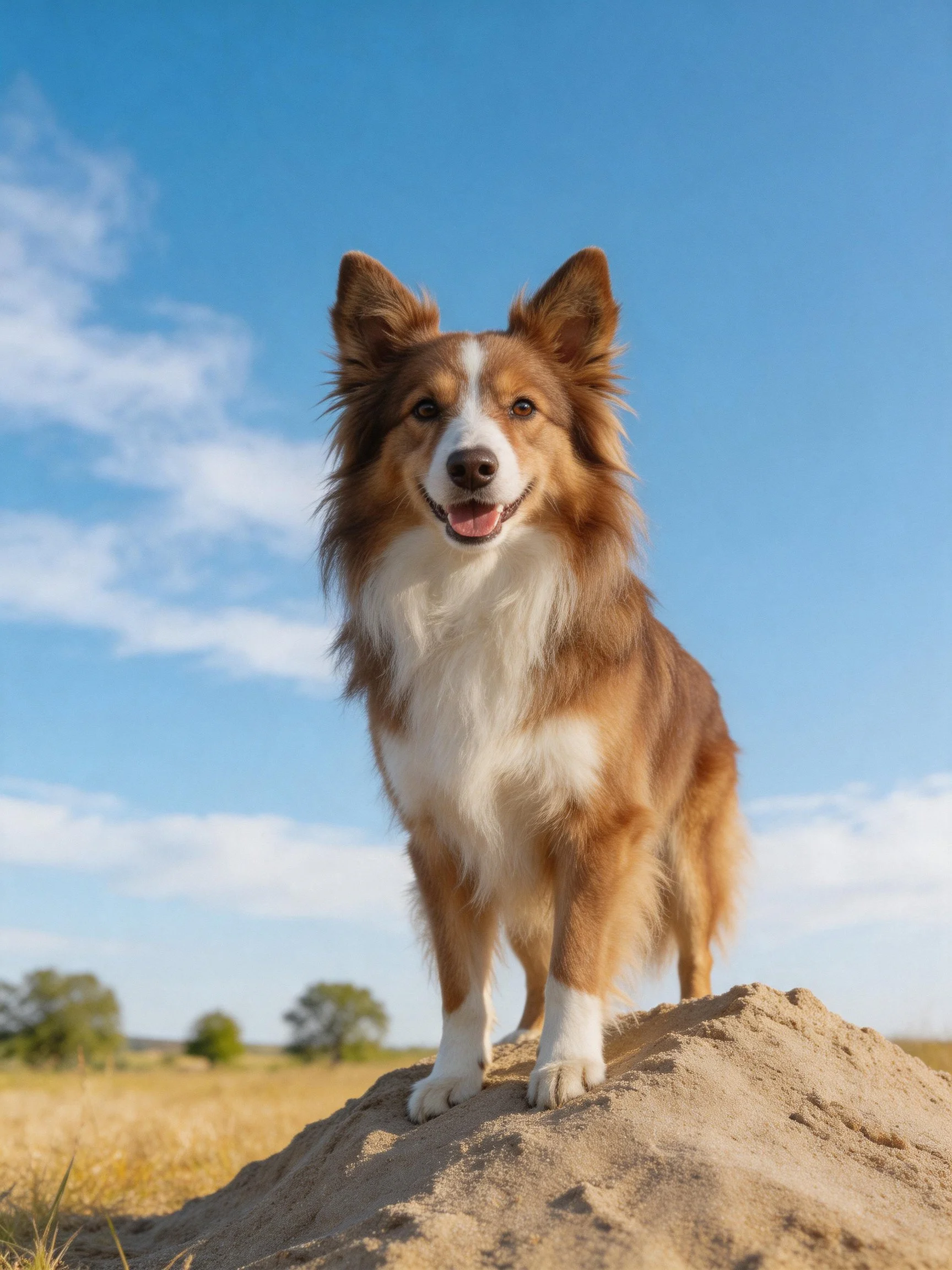 A brown and white dog stands on a sandy mound under a clear blue sky