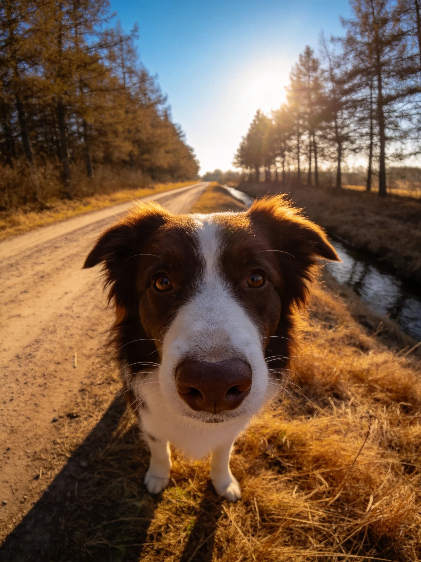 A brown-and-white dog looks directly at the camera on a sunlit dirt road beside a stream.