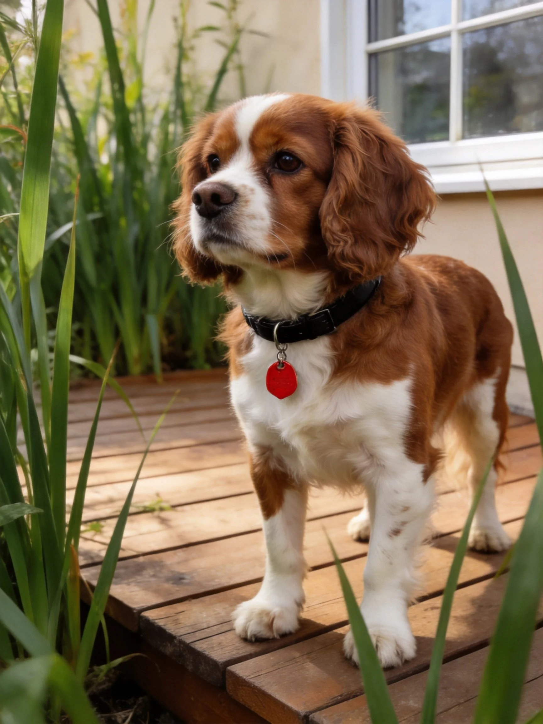 A brown and white dog stands on a wooden deck surrounded by tall greenery.