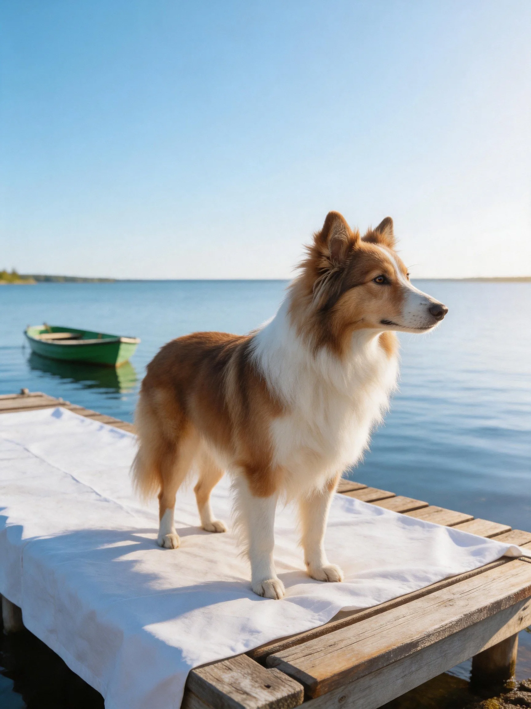A brown and white dog stands on a wooden dock by calm water