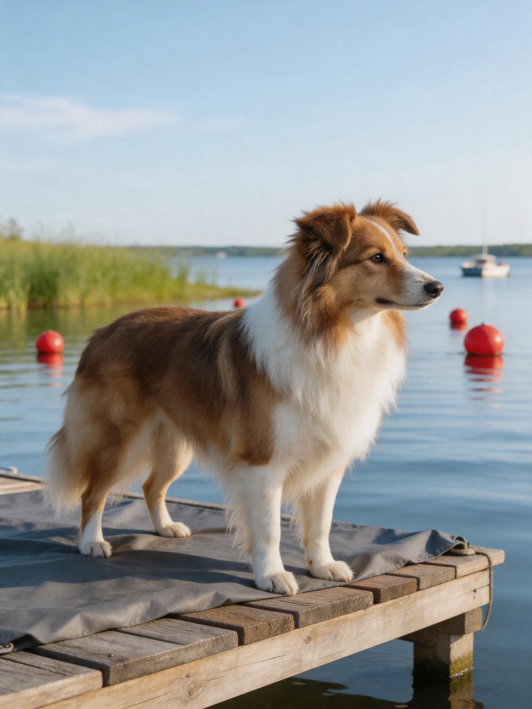 A brown and white dog stands on a wooden dock by a calm body of water.