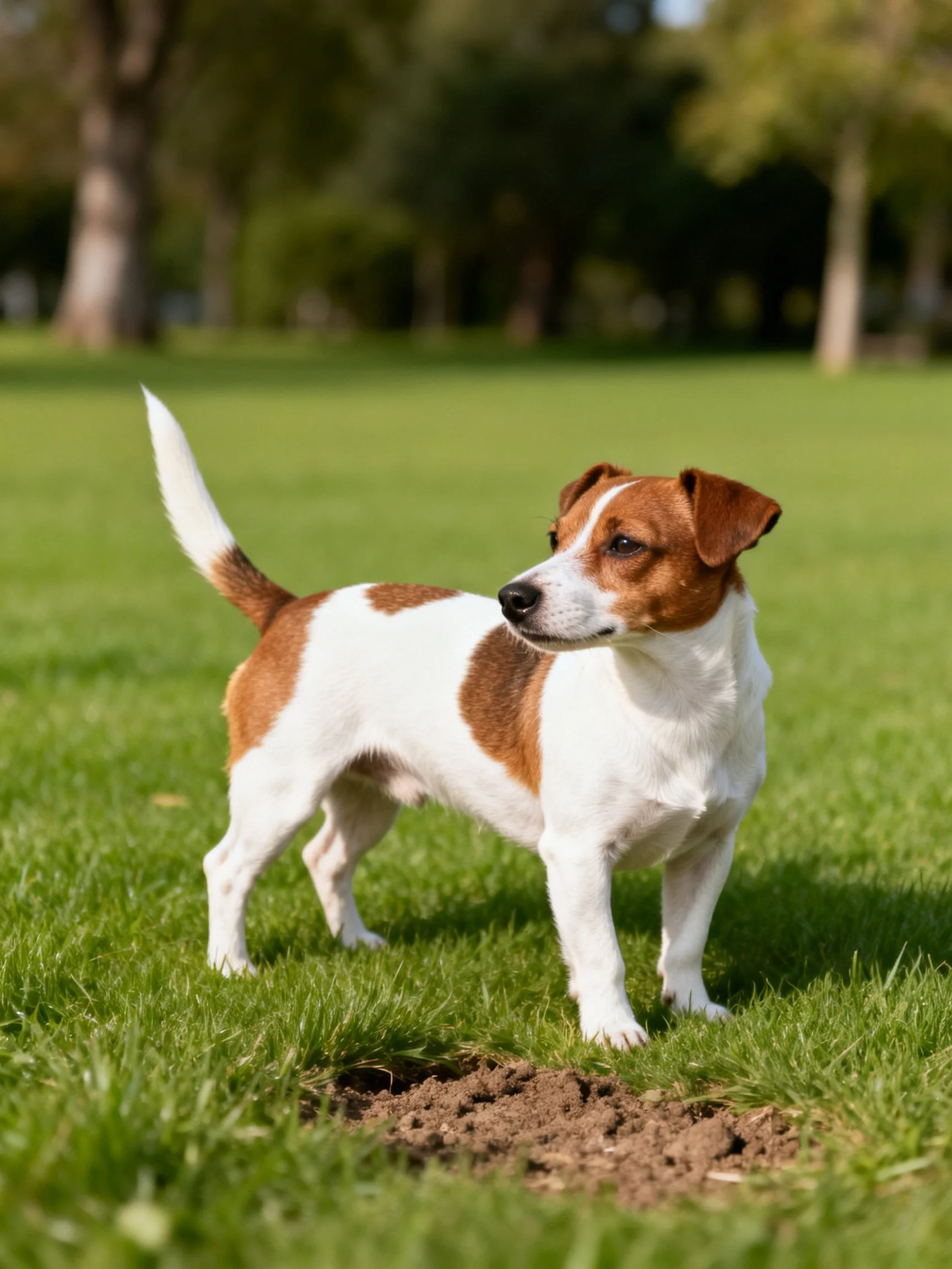 A small brown and white dog stands on grass next to a dirt area.