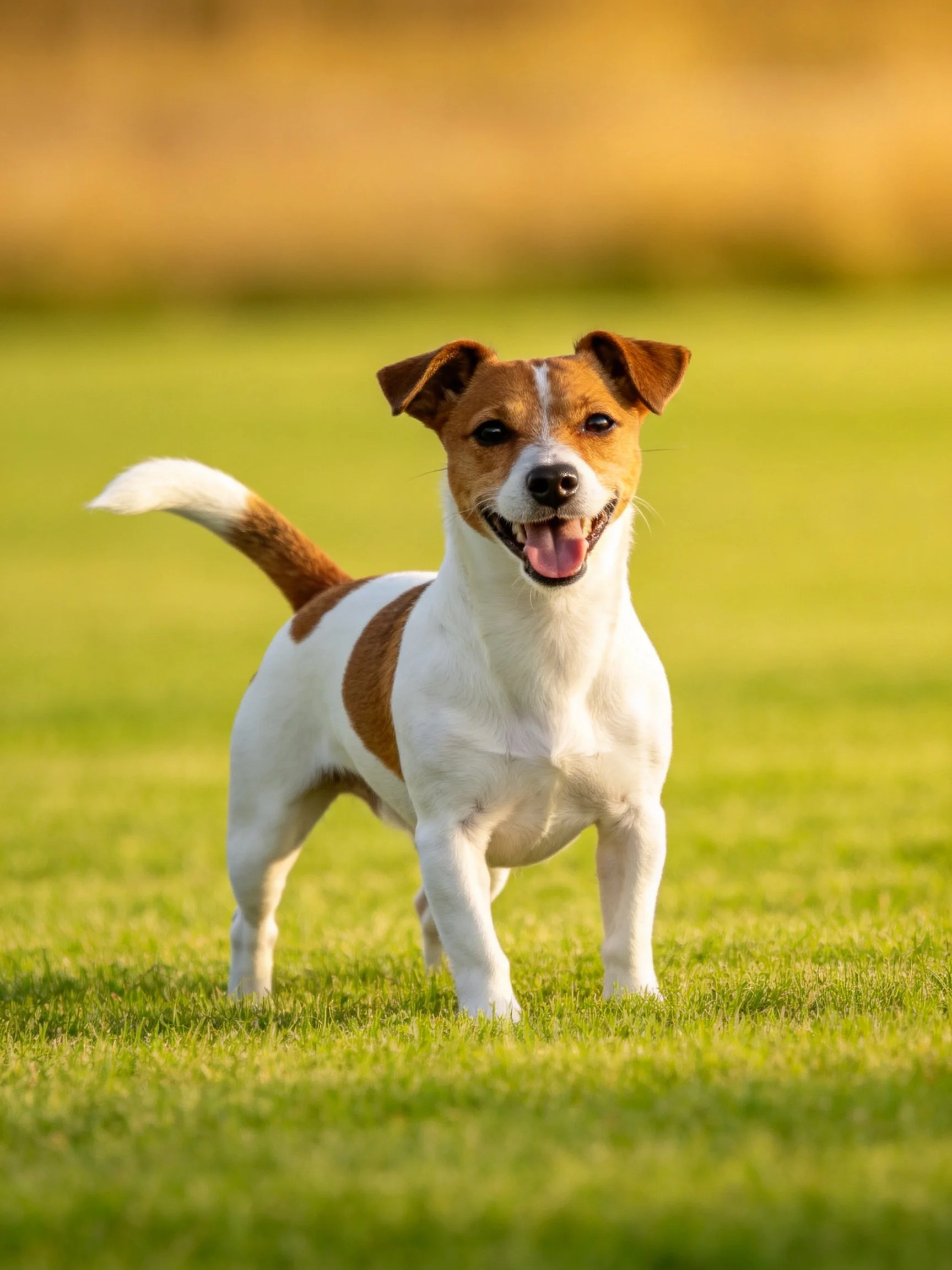 A brown and white dog enjoys the outdoors on green grass in a sunlit setting.