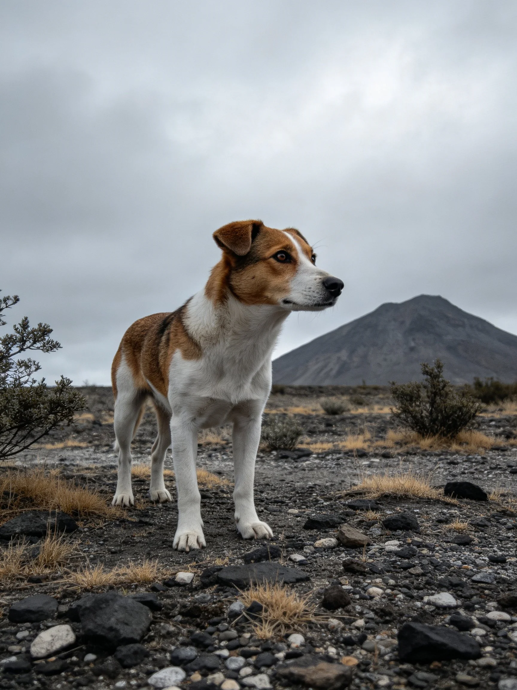 A dog stands alert on rocky terrain with a volcanic mountain in the background under an overcast sky.