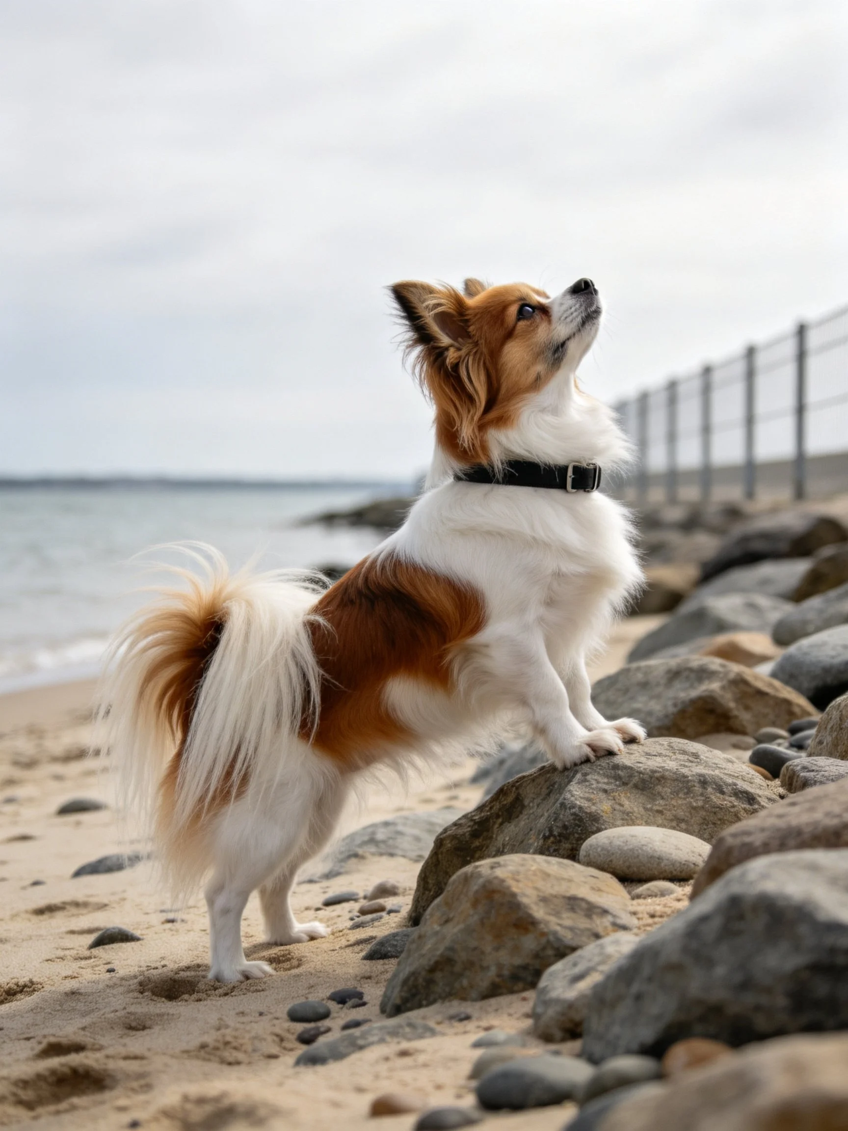 A brown and white dog stands on rocks by the ocean
