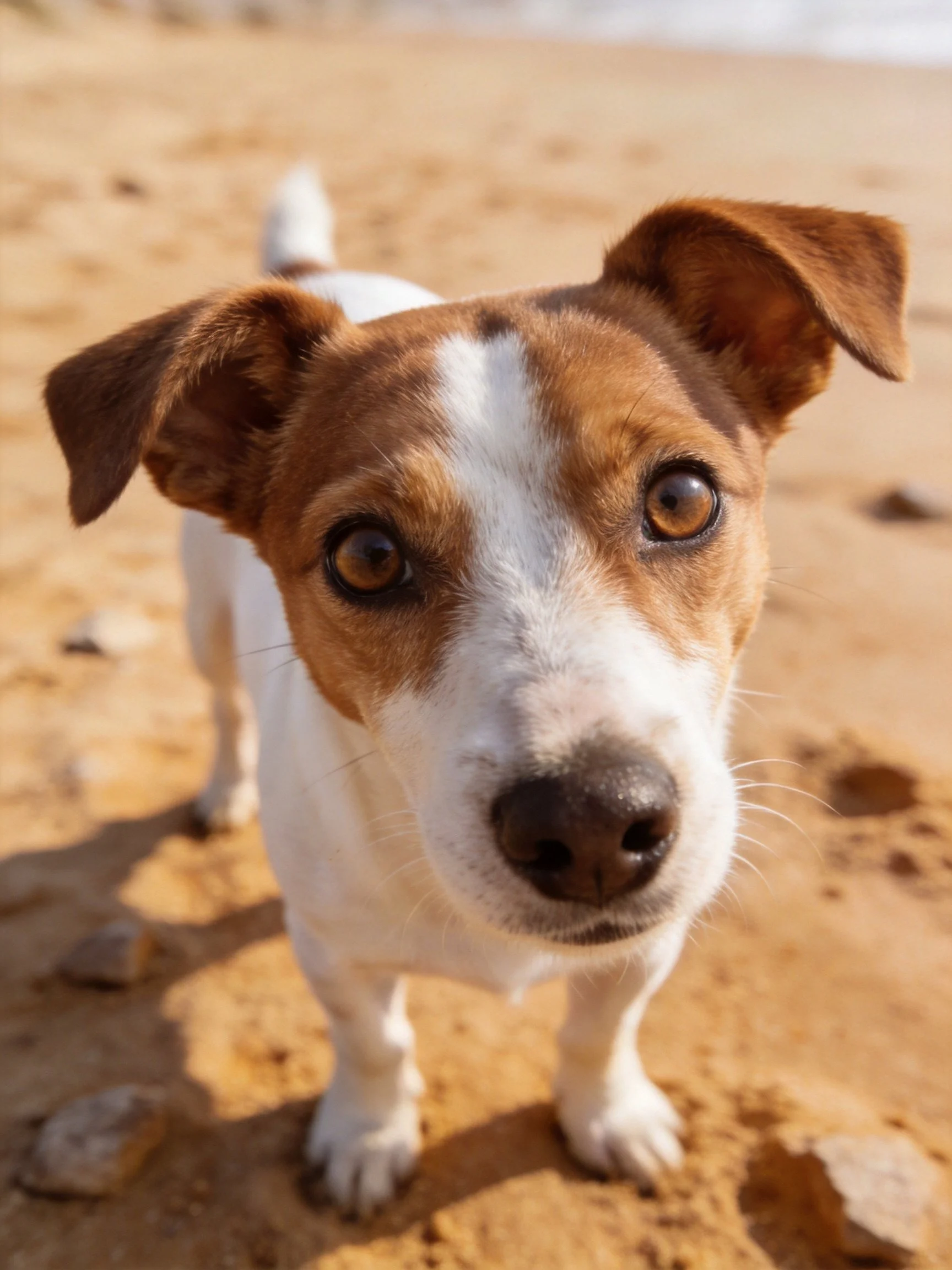 A brown-and-white dog gazes toward the camera on a sandy beach
