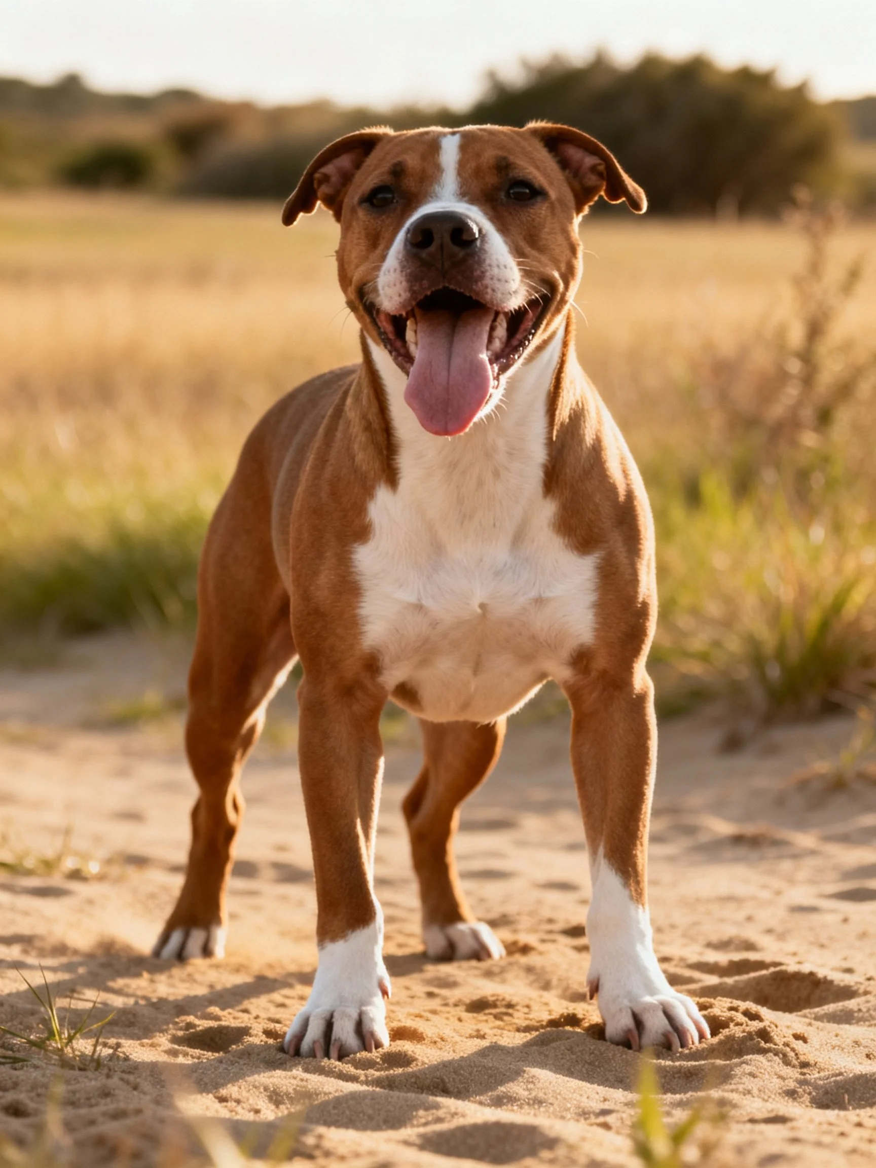 A brown and white dog stands on sandy ground with golden fields behind.