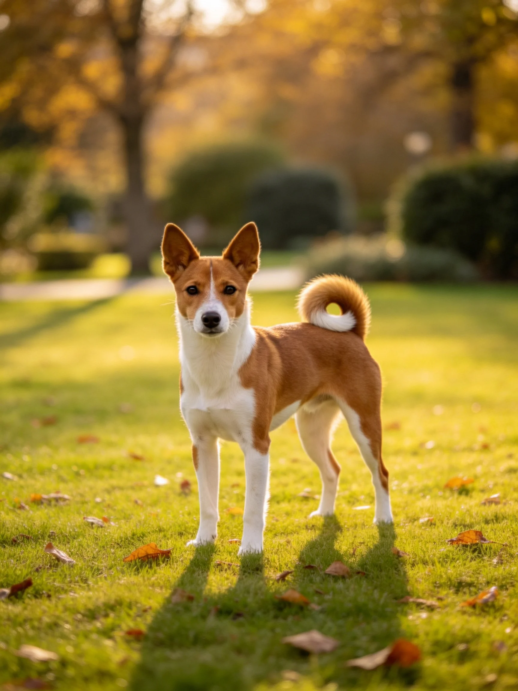 A brown and white dog poses on sunlit grass in an autumn park.