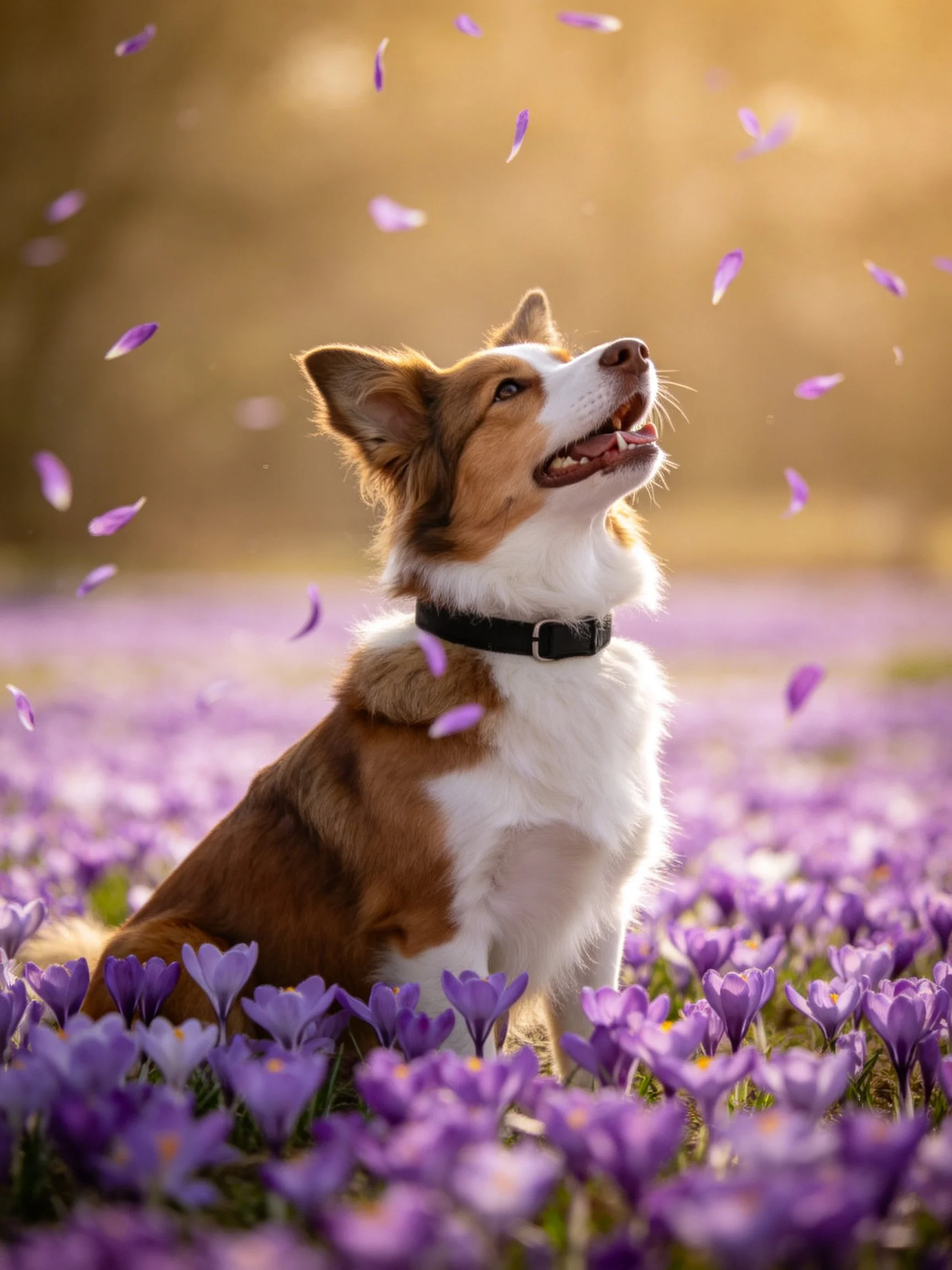A brown and white dog sits in a field of purple flowers with falling petals under warm lighting.