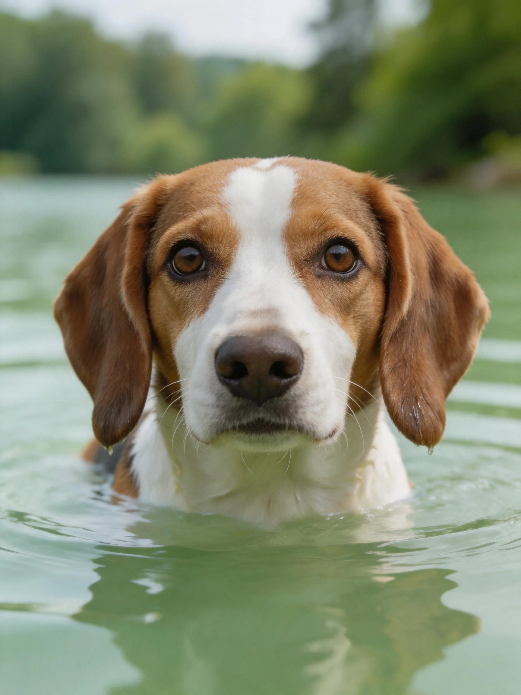 A brown and white dog swimming in calm green water near blurred trees