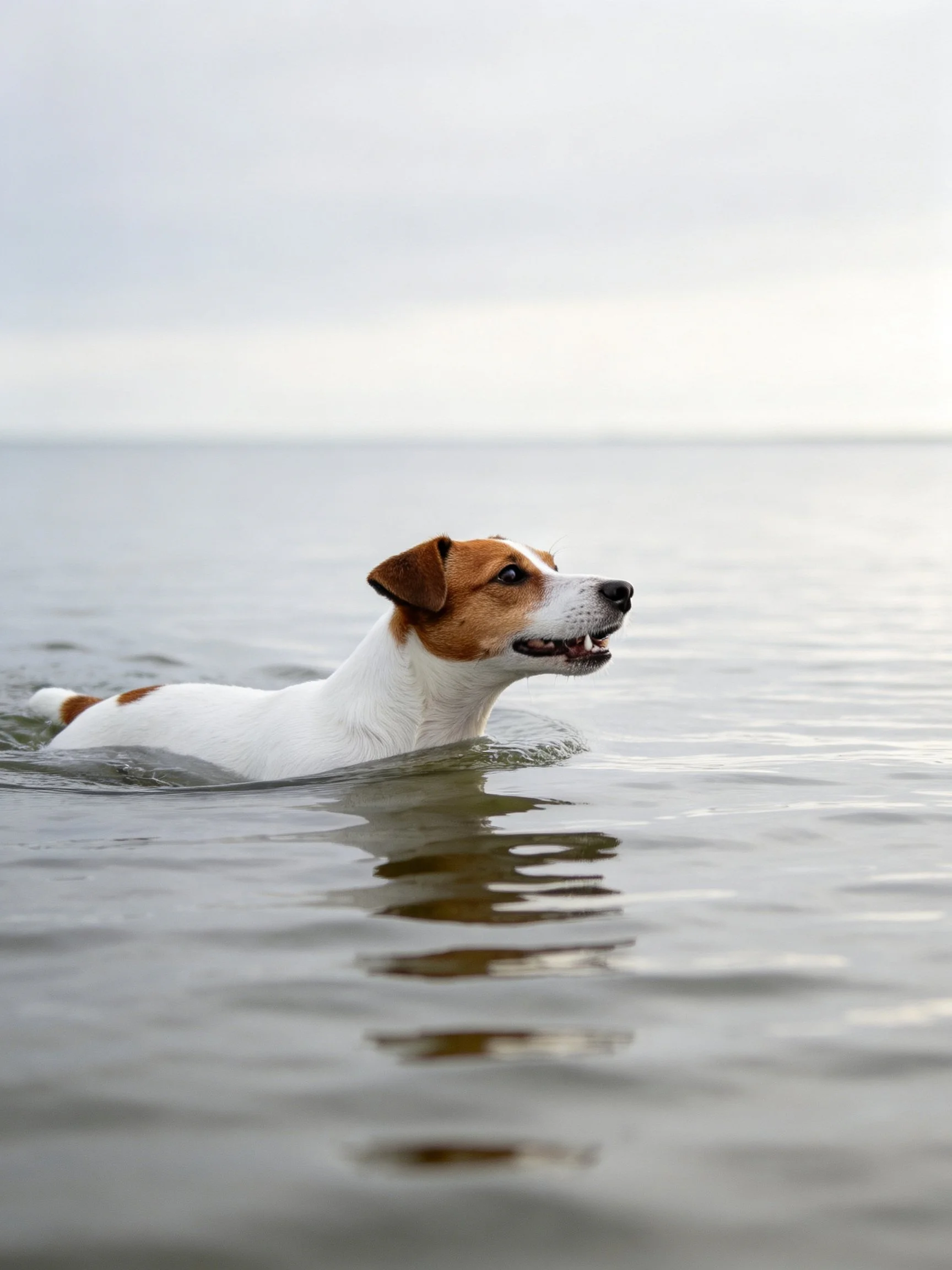 A brown and white dog swims in calm waters.