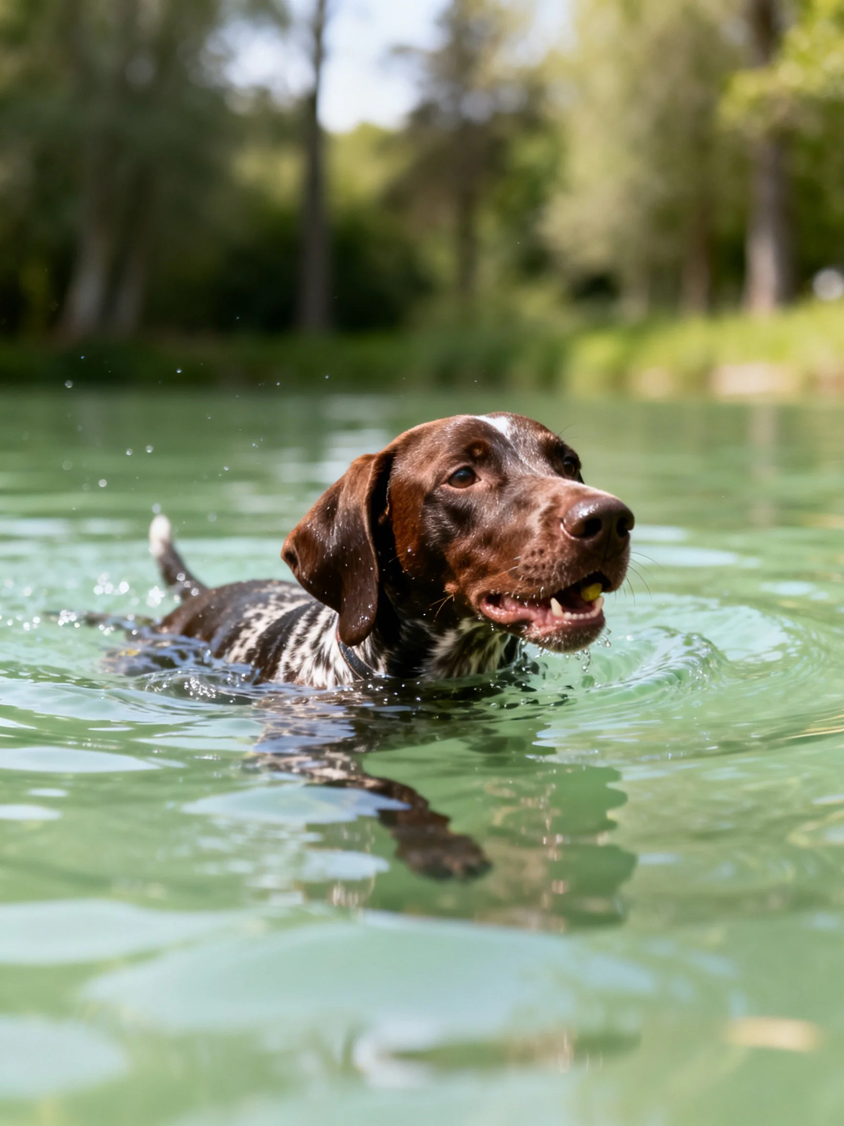 A brown and white dog swims in clear water near trees