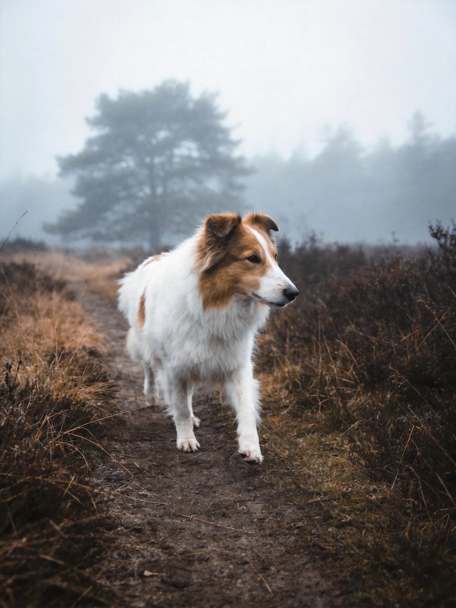 A brown and white dog walks along a misty forest path