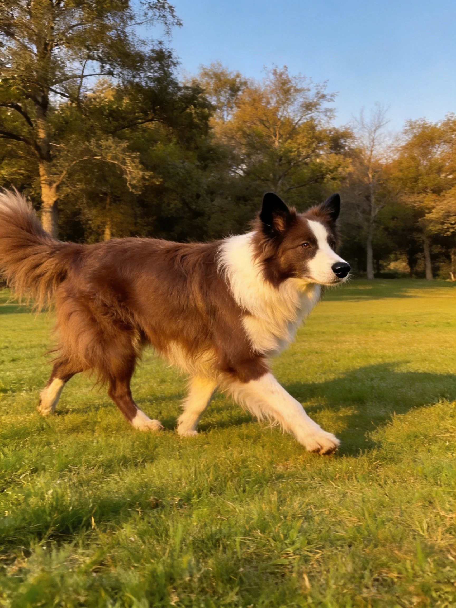 A brown and white dog walks through a sunlit grassy park