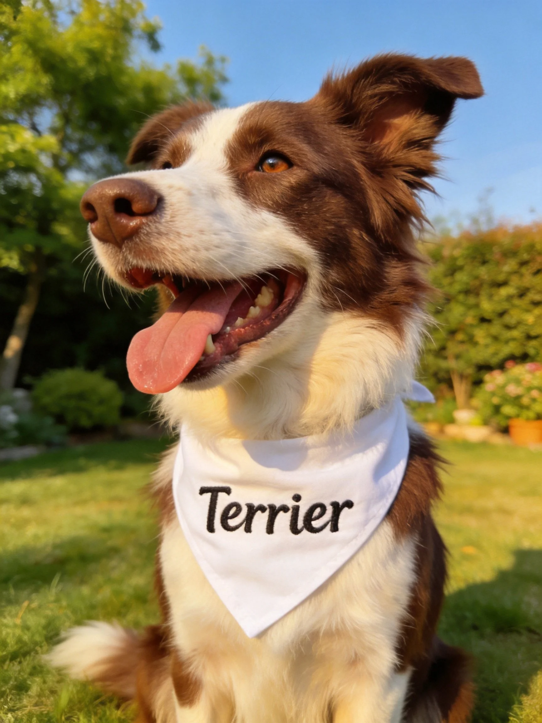 A brown and white dog with a Terrier bandana relaxes outdoors.